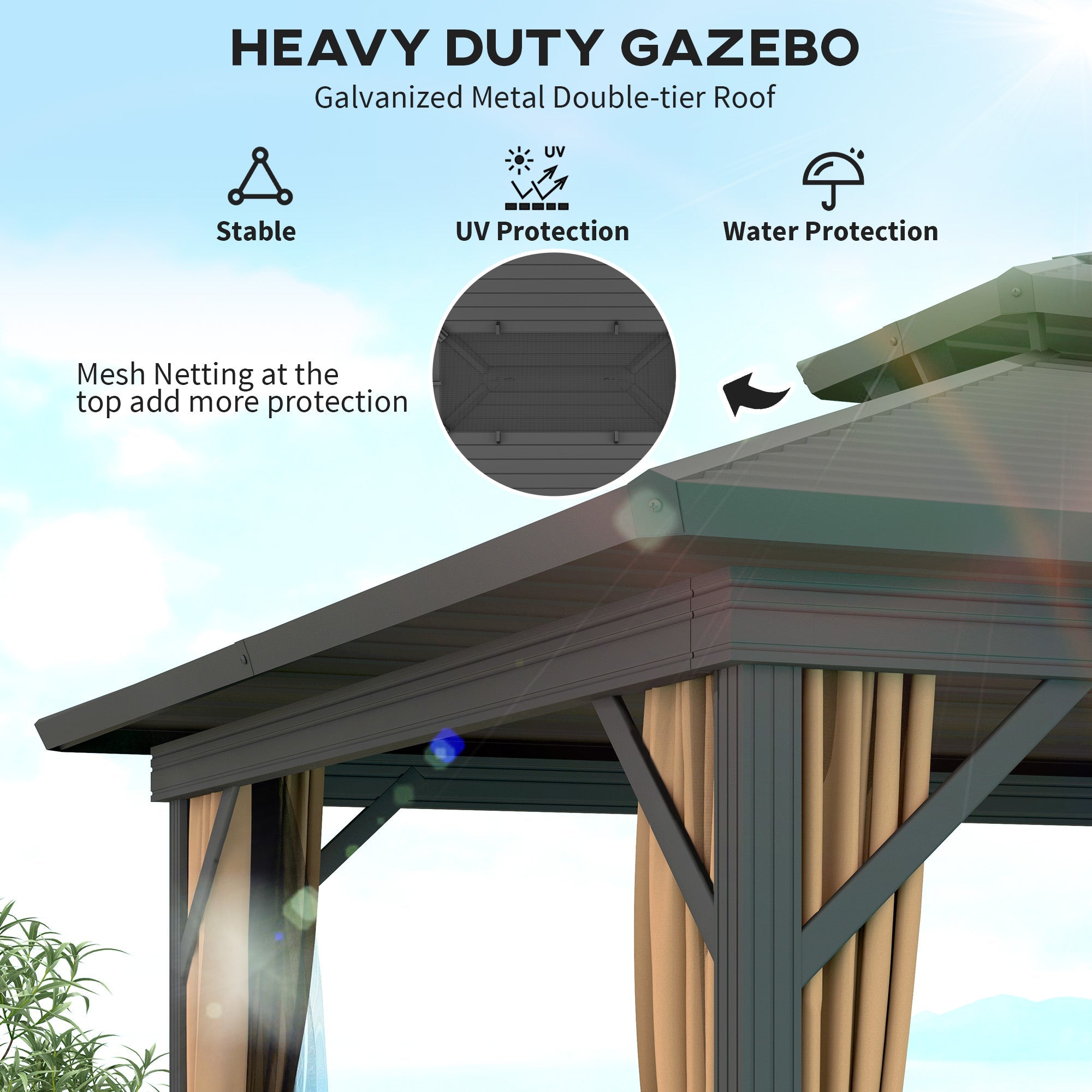 Outsunny 10' x 12' Hardtop Gazebo, Sun Shelter with Double Tier Metal Roof, Mosquito Netting, and Hanging Hook, Dark Brown 
