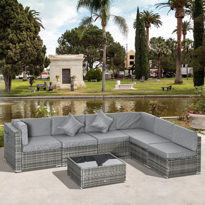 Outsunny 7pc Garden Wicker Sectional Set w/Tea Table Outdoor Wicker Sofa with Cushion, Grey 