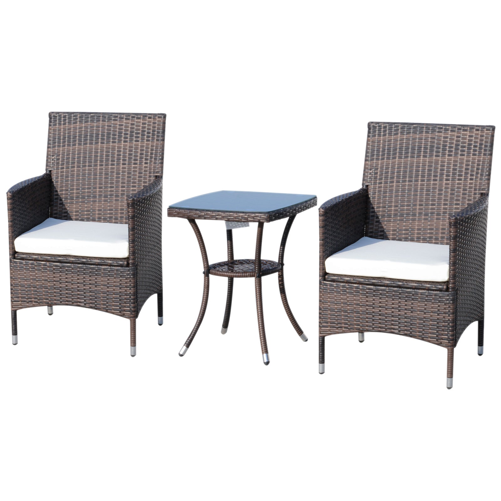 Outsunny 3 Pieces Patio Bistro Set, Outdoor PE Rattan Porch Furniture with Two Armchairs, Glass Top Coffee Table, Coffee 