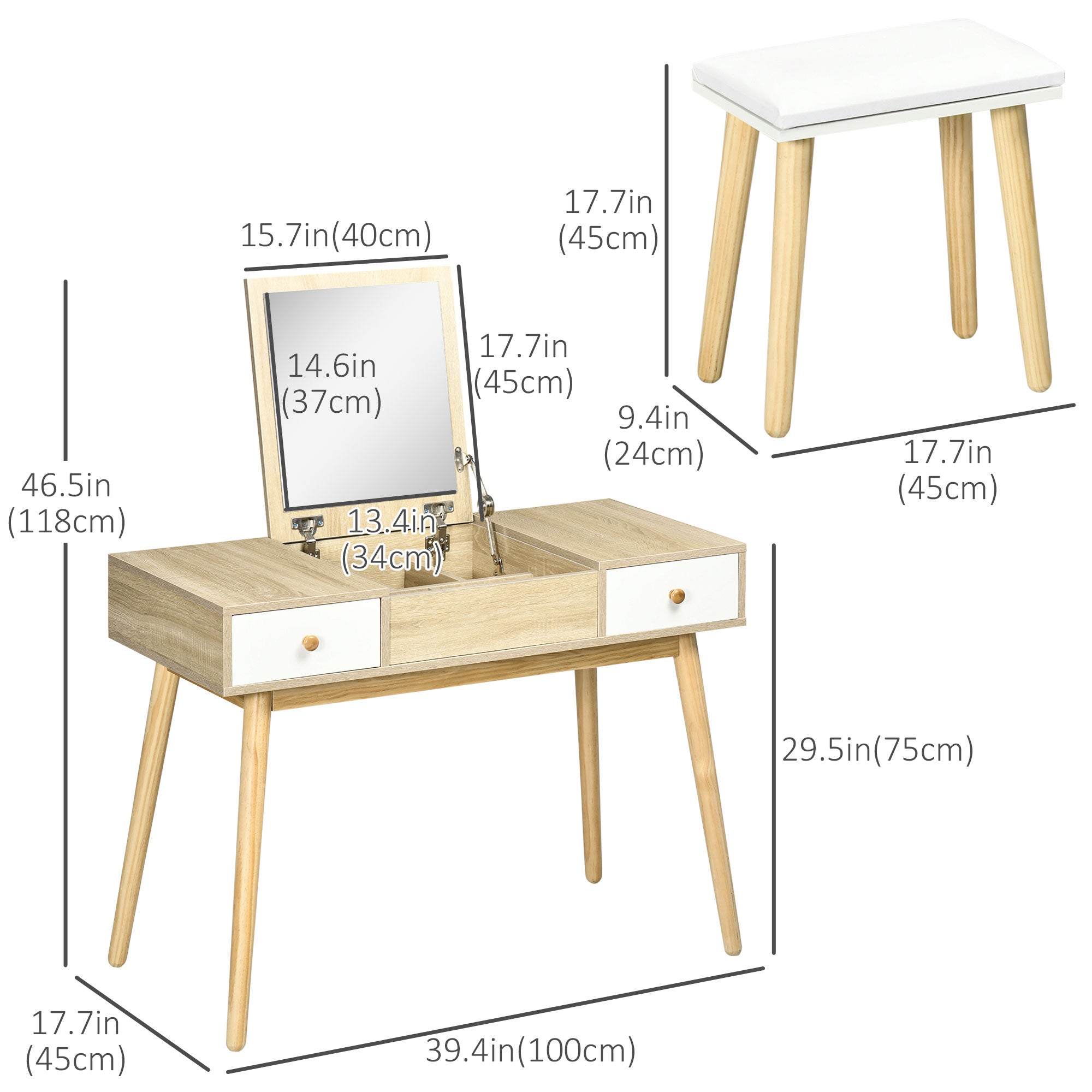 HOMCOM Dressing Table Set Flip Top Mirror Cushioned Stool Makeup Vanity Desk Natural Finish for Bedroom 