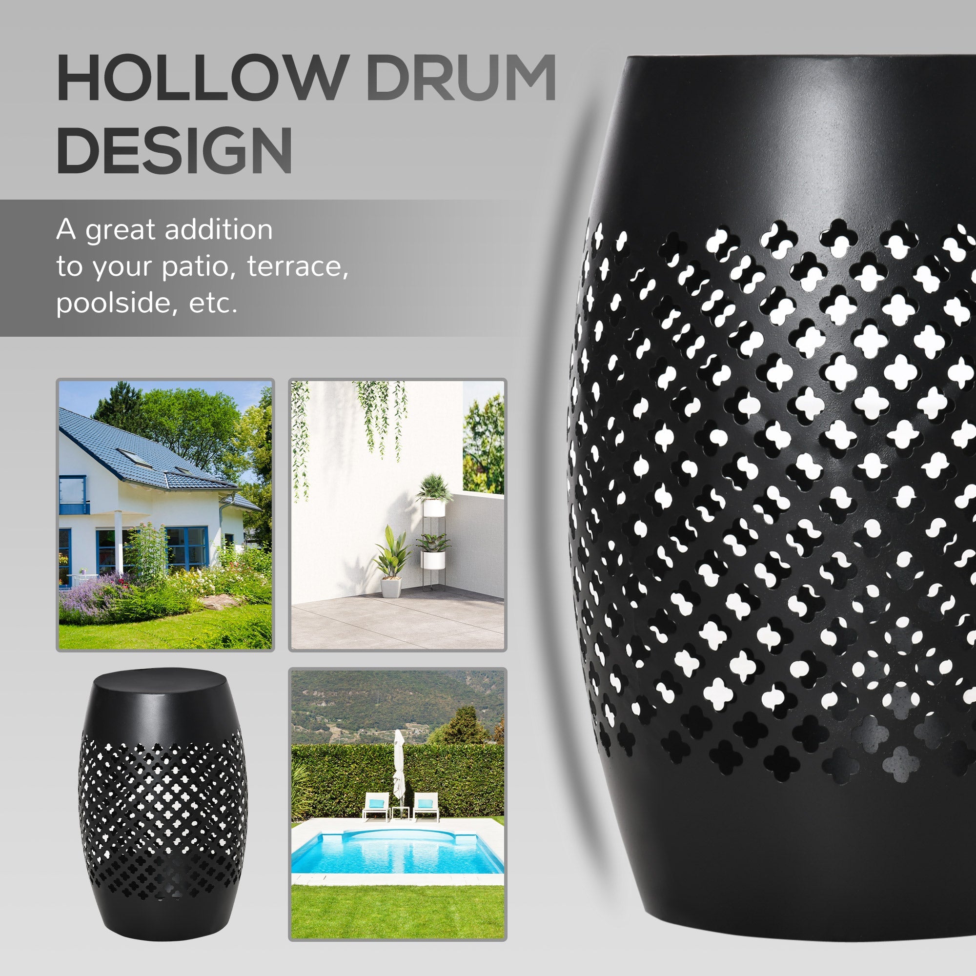 Outsunny Steel Patio End Table 12.5" Round Hollow Drum Design Accent Furniture for Indoor Outdoor Use Black 