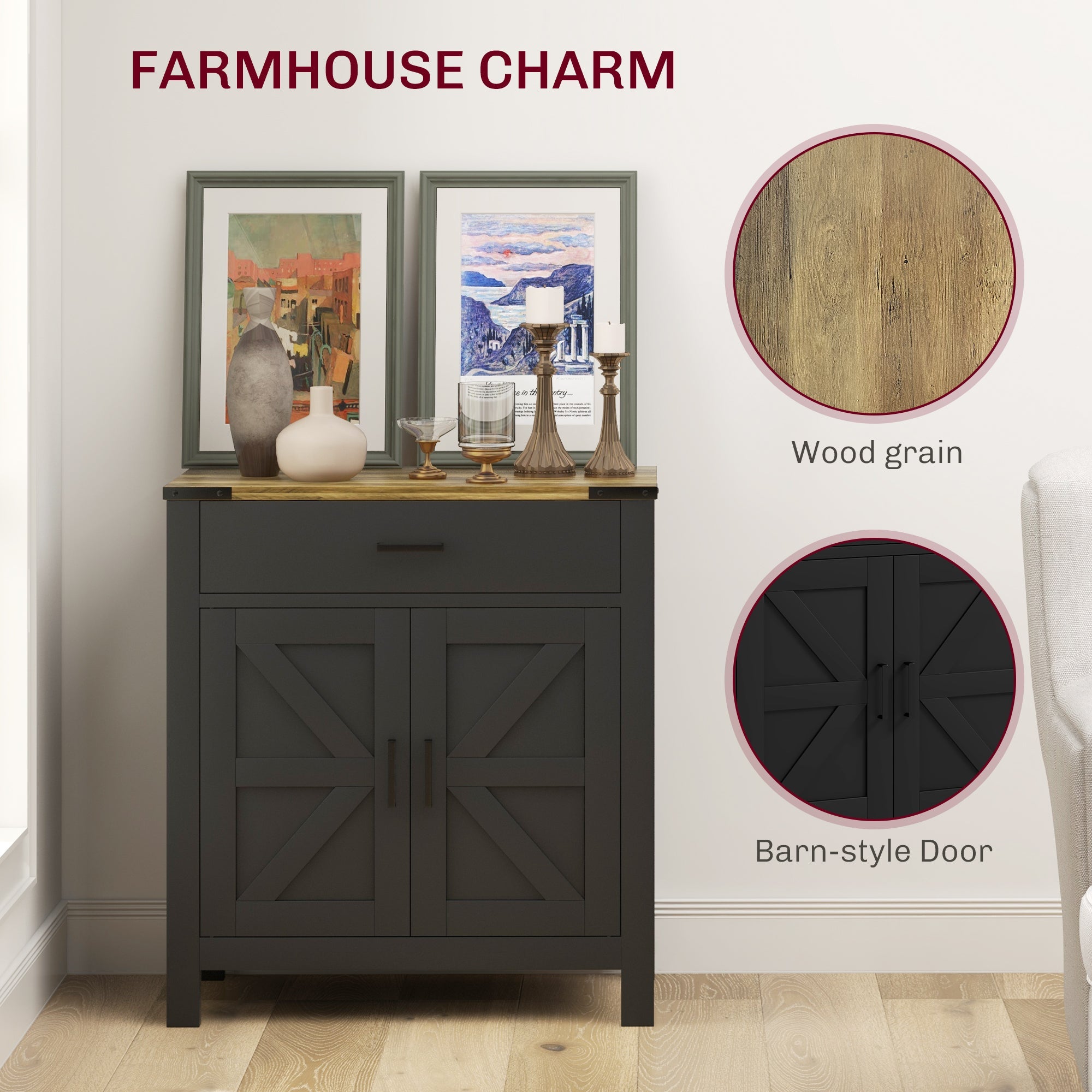 HOMCOM Farmhouse Buffet Cabinet Sideboard with 1 Drawer, 1 Storage Cabinet and Adjustable Shelf, Black 