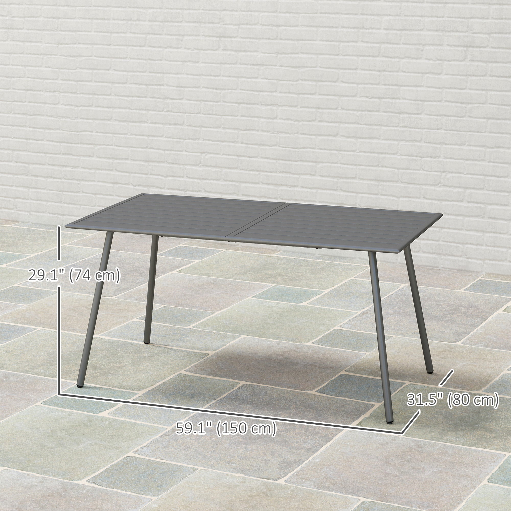 Outsunny Rectangle Patio Dining Table for 6 Person, Metal Steel Slat Outdoor Table, for Lawn, Garden, 59" x 31.5" x 29", Grey 