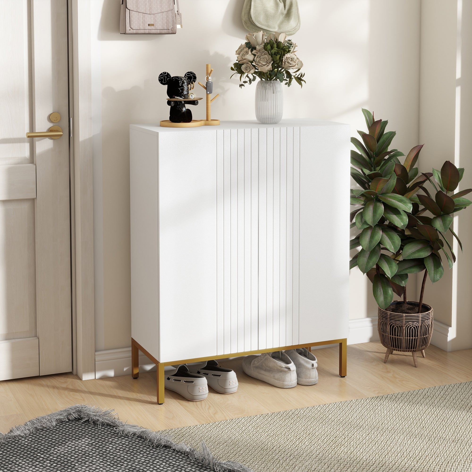 HOMCOM Narrow Shoe Storage Cabinet Adjustable Shelves Soft-Close Hinges for 15-20 Pairs White 