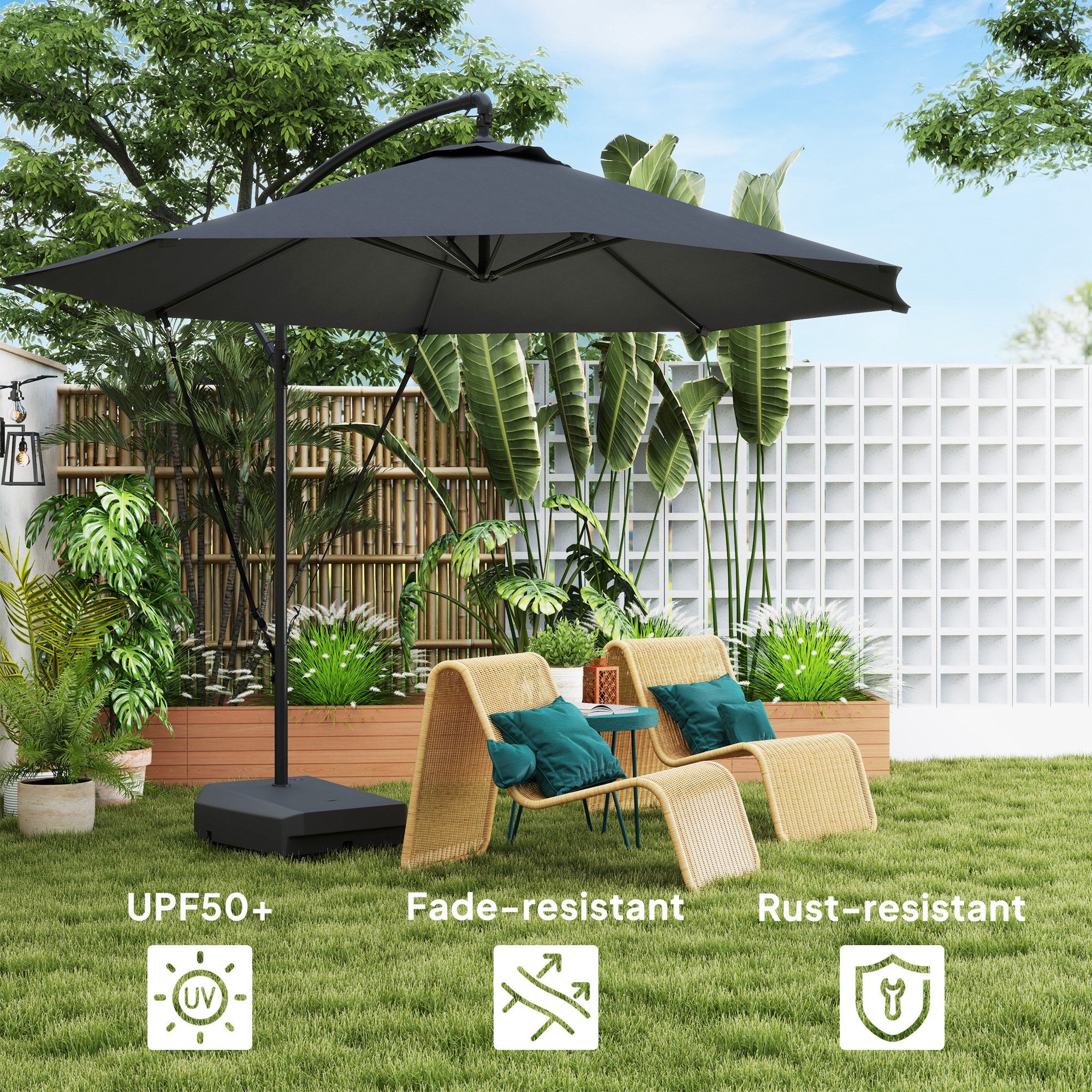 Outsunny 10FT Cantilever Umbrella with Fillable Base, Wind Strap and Cover, Offset Hanging Umbrella with Crank, UPF50+, Grey 
