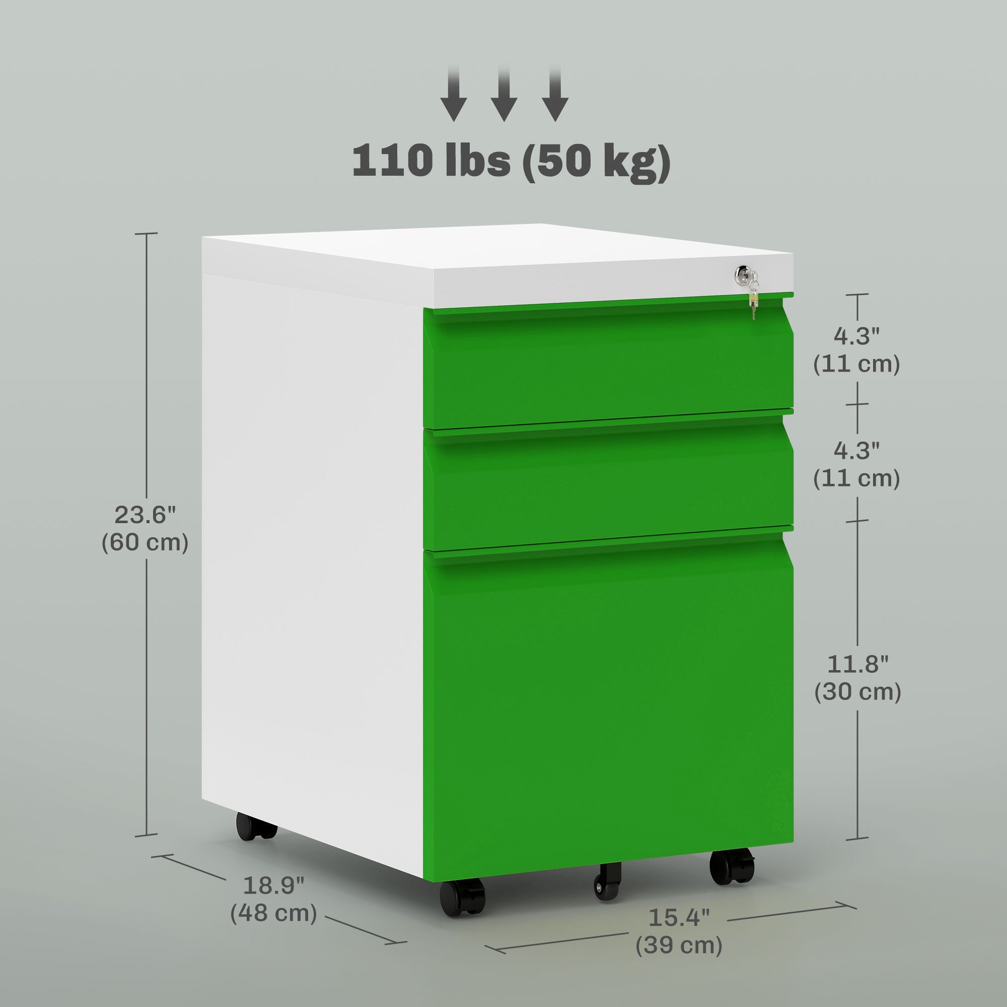 Vinsetto 3 Drawer Filing Cabinet, Lockable Office Storage Cabinet on Wheels for Legal, Letter, A4 Files, Green 