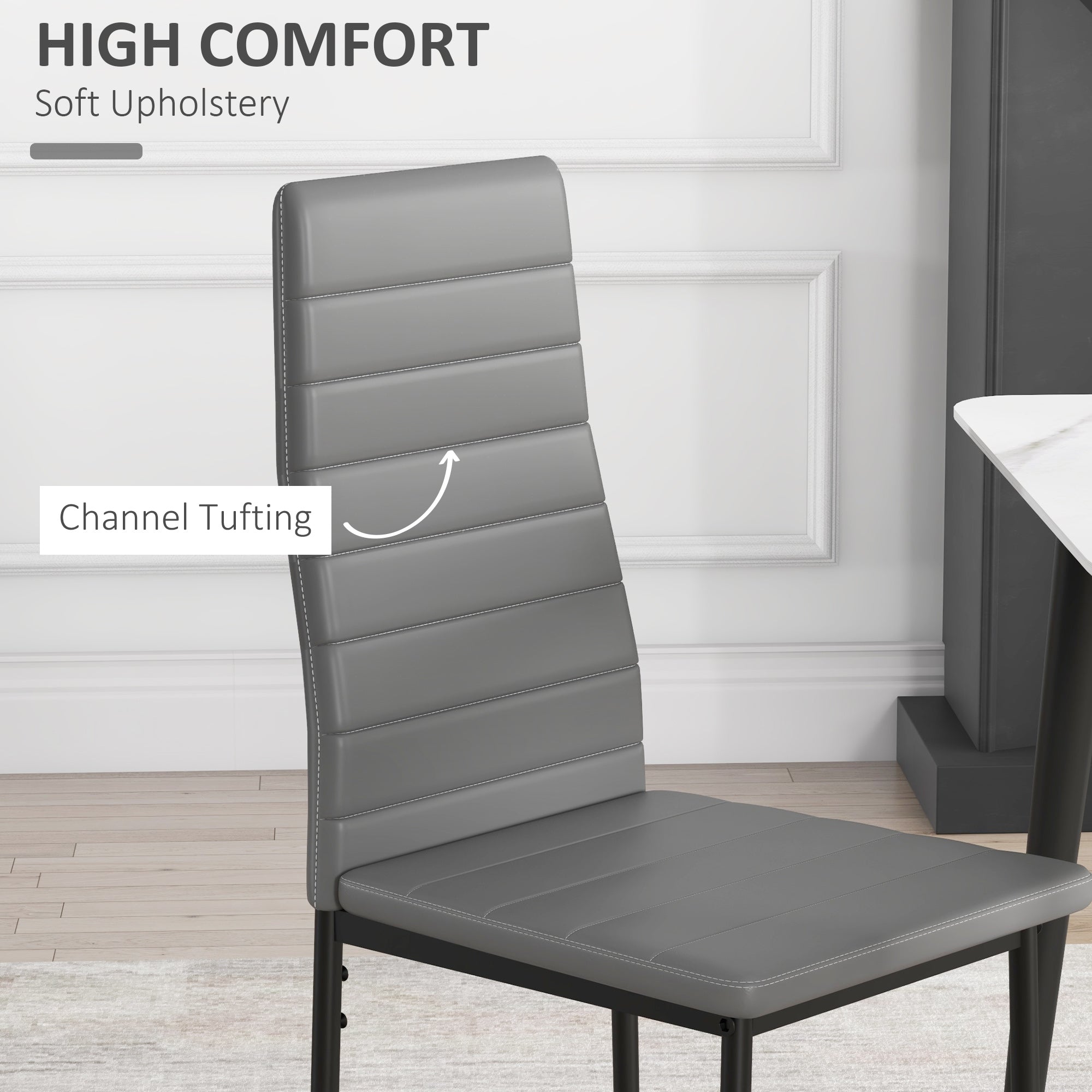 HOMCOM Dining Chairs - Modern Set of 4, High Back with PU Leather Upholstery & Metal Legs in Grey 