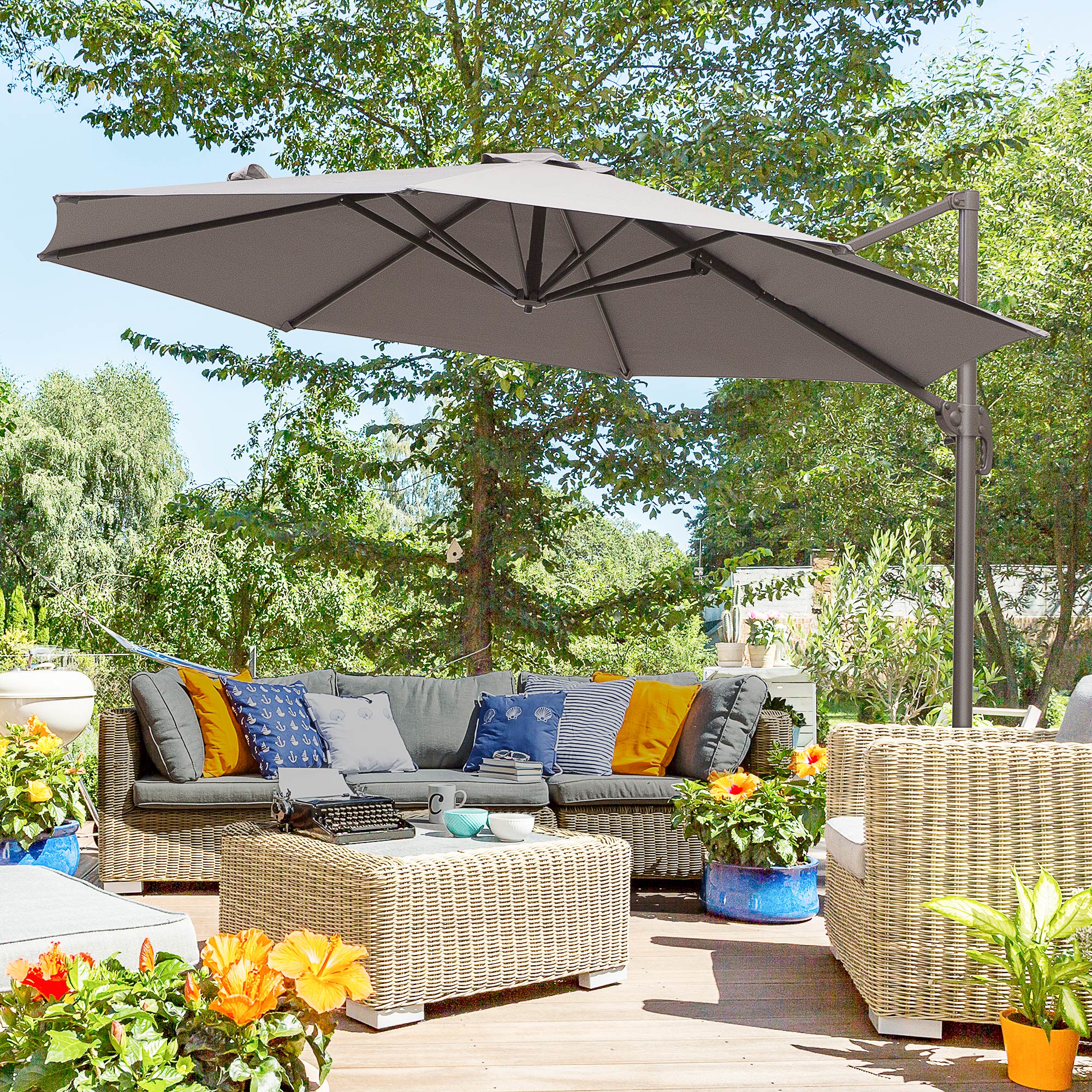 Outsunny Cantilever Hanging Patio Umbrella: 10ft 360° Rotatable Aluminum with Cross Base, Grey 