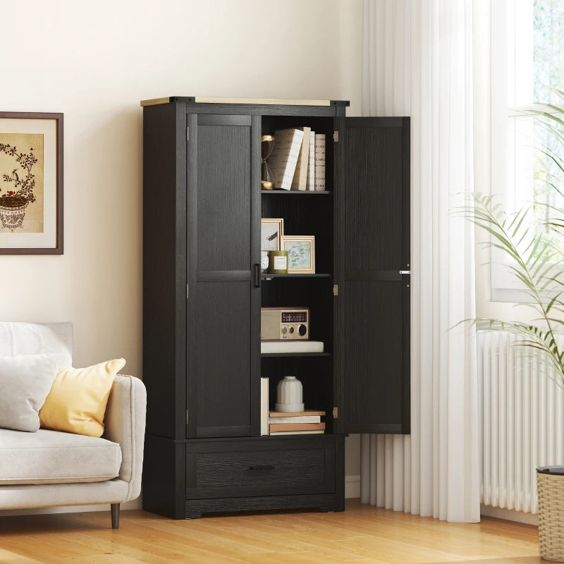 69" Tall Farmhouse Kitchen Pantry Cabinet with 2 Doors, Drawer and Adjustable Shelves, Black and Brown