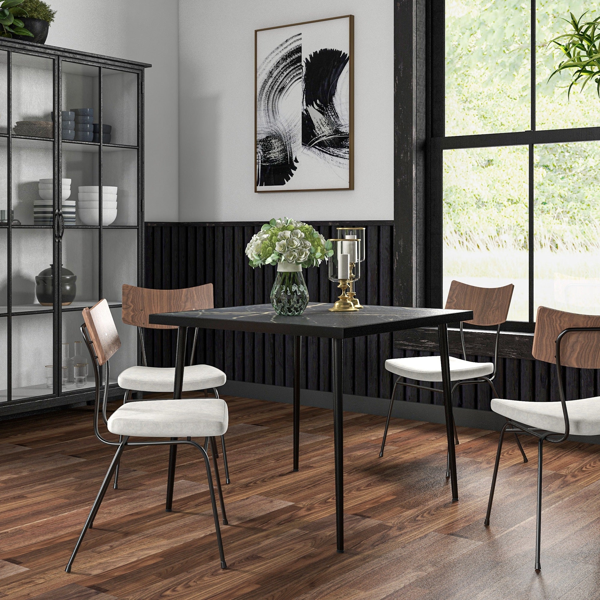 Outsunny Outdoor Dining Table for 4, Square Patio Dining Table with Marble Effect Tempered Glass Top and Steel Frame, Black 