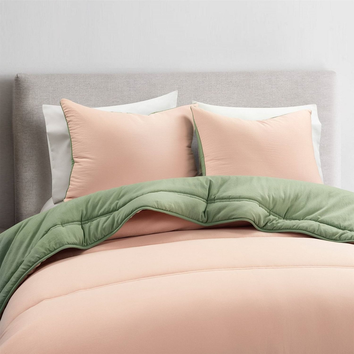 Full/Queen Soft Lightweight Reversible Quilted Comforter Set in Green/Pink - Free Shipping