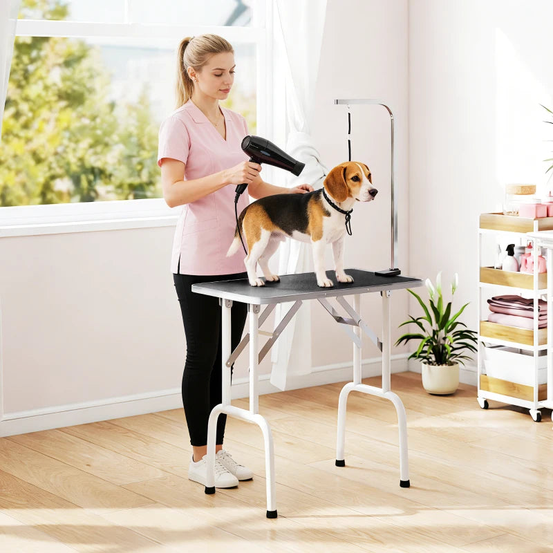 Foldable Pet Grooming Table for Dogs Cats with Adjustable Arm, Non-slip Surface, Black