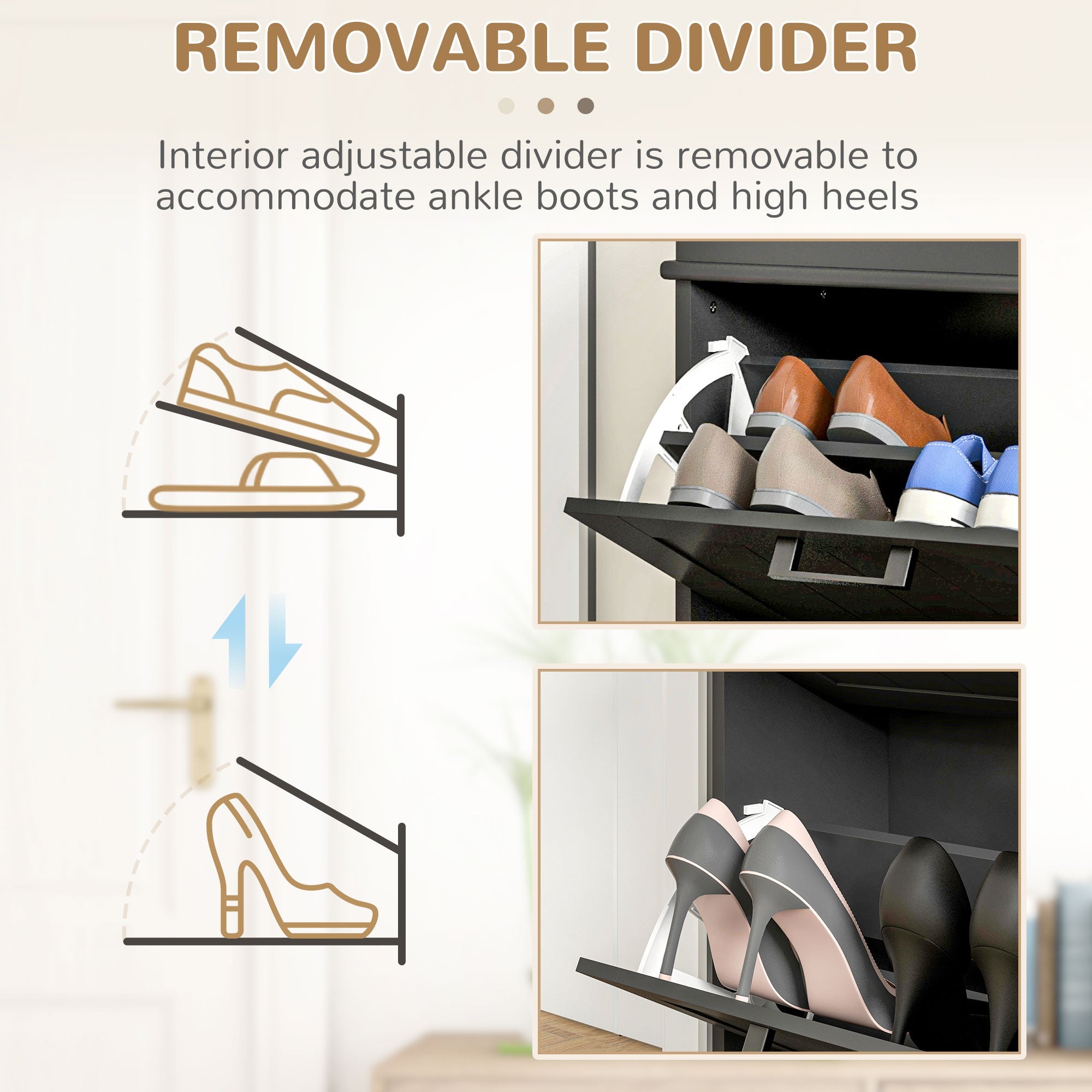 HOMCOM Compact Shoe Haven: 2 Flip Drawer Cabinet with Adjustable Shelves for 10 Pairs of Shoes, Black Finish 