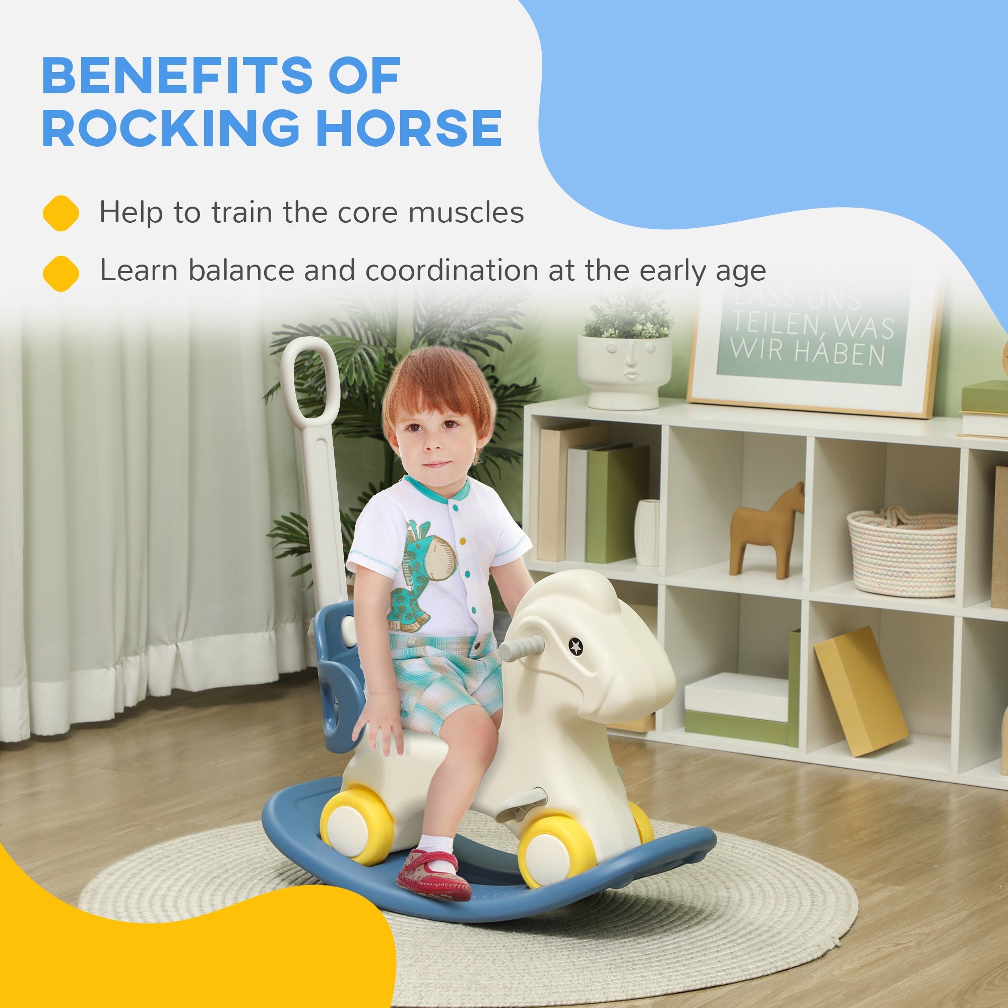 Qaba 4 in 1 Kids Rocking Horse w/ Detachable Balance Board & Push Handel, Blue 