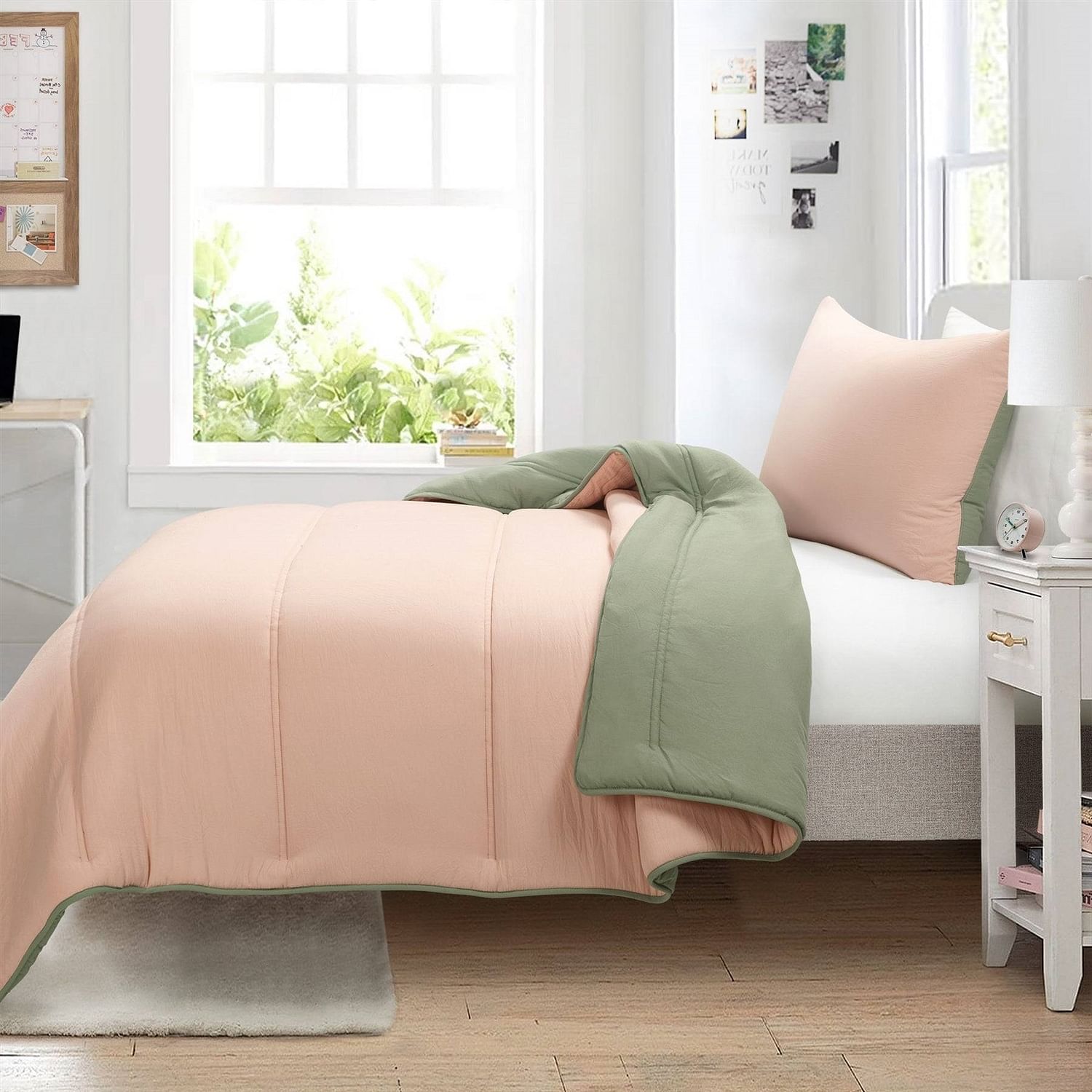 Twin/XL Soft Lightweight Reversible Quilted Comforter Set in Green/Pink - Free Shipping