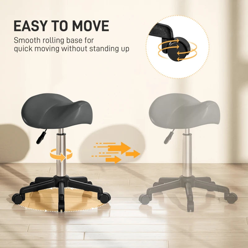 Saddle Stool, Adjustable Rolling Stool, Grey