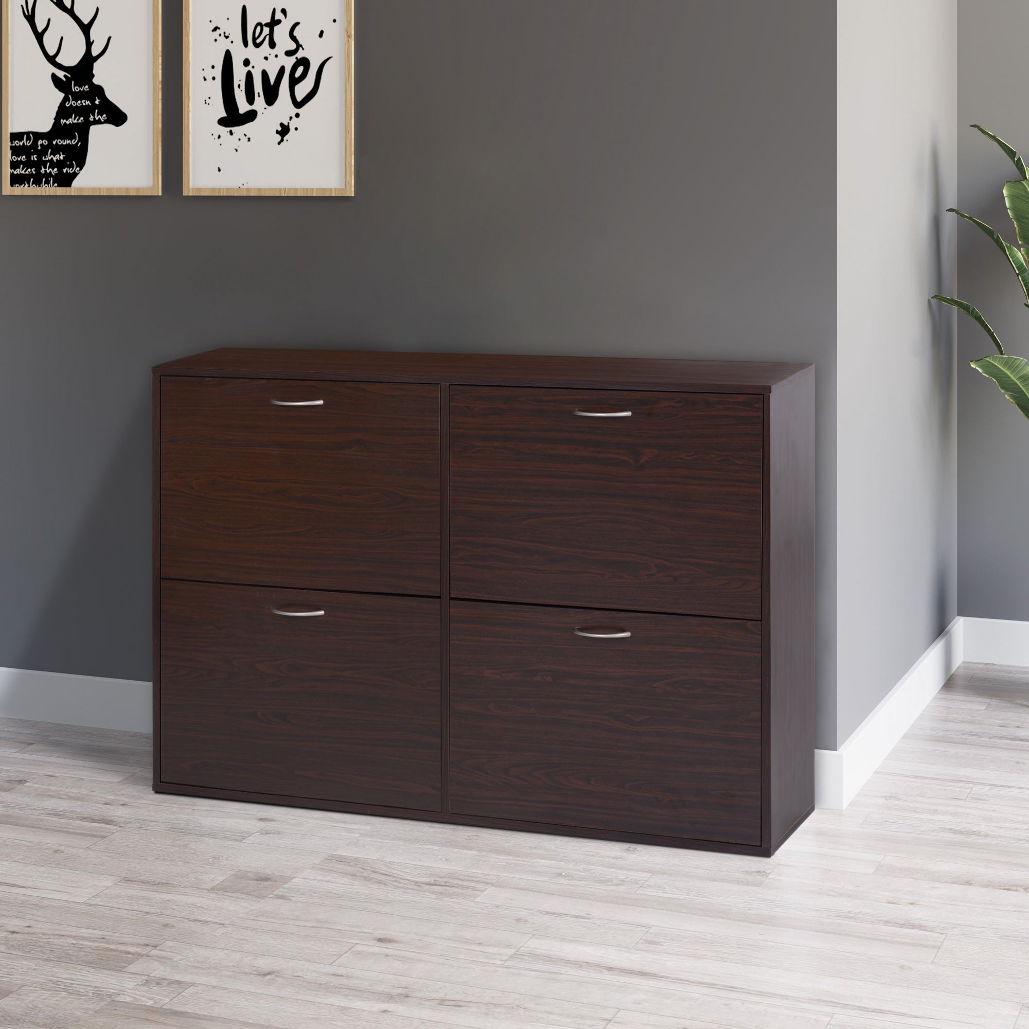 HOMCOM Wooden Shoe Storage Cabinet with 4 Flip Down Drawers, Entryway Shoe Shelf Organizer in Rich Brown 