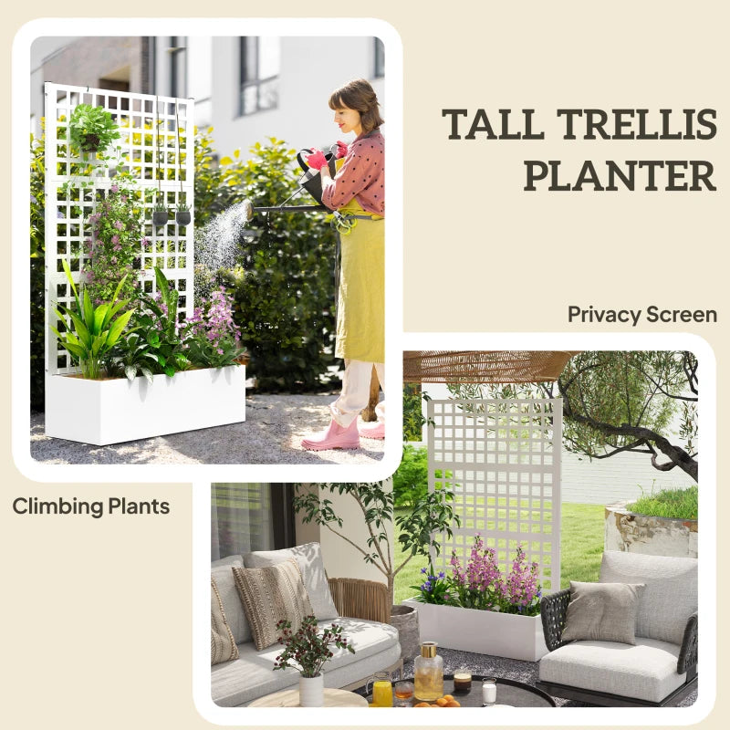 Galvanized Raised Garden Bed Planter Box with Trellis for Climbing Plants, Vegetable, Vines, 43" x 16" x 70", White