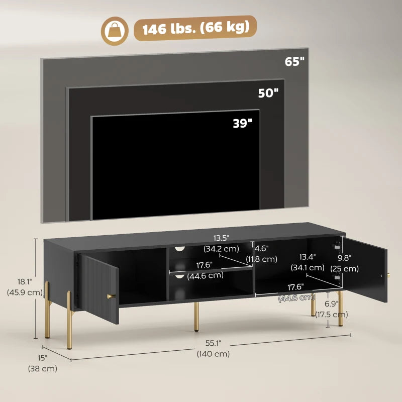 TV Stand for TVs up to 65", Entertainment Center with 2 Open Shelves, 2 Cabinets and Steel Legs for Living Room, Black