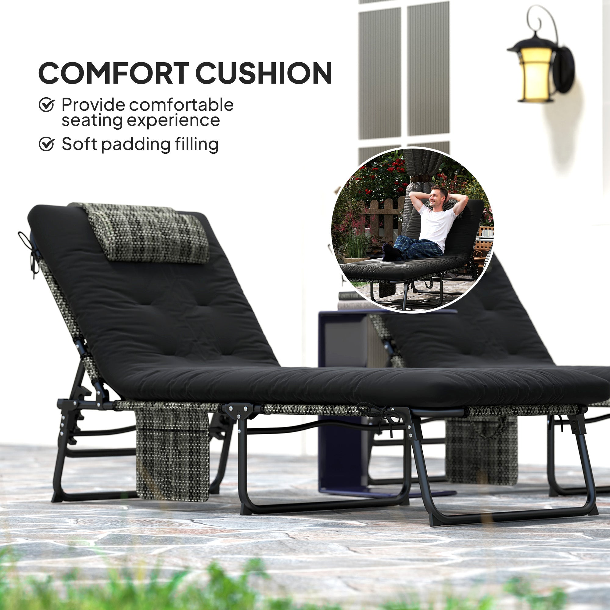 Outsunny 2-Piece Folding Lounge Chairs with Adjustable Backrest, Tanning Chair with Cushion, Side Pocket, Headrest, Black 