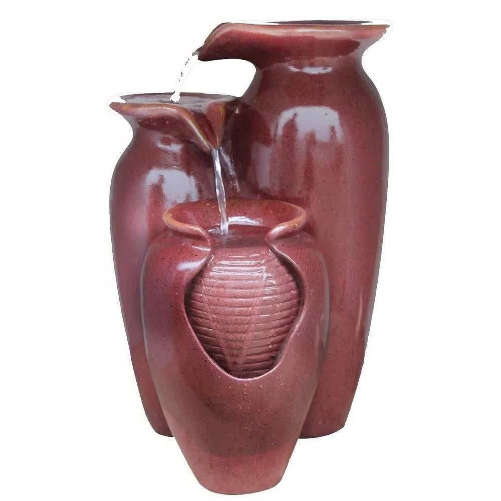 Outdoor Garden Patio 3-Tier Burgundy Red Ceramic-Look Polyresin Water Fountain - Free Shipping