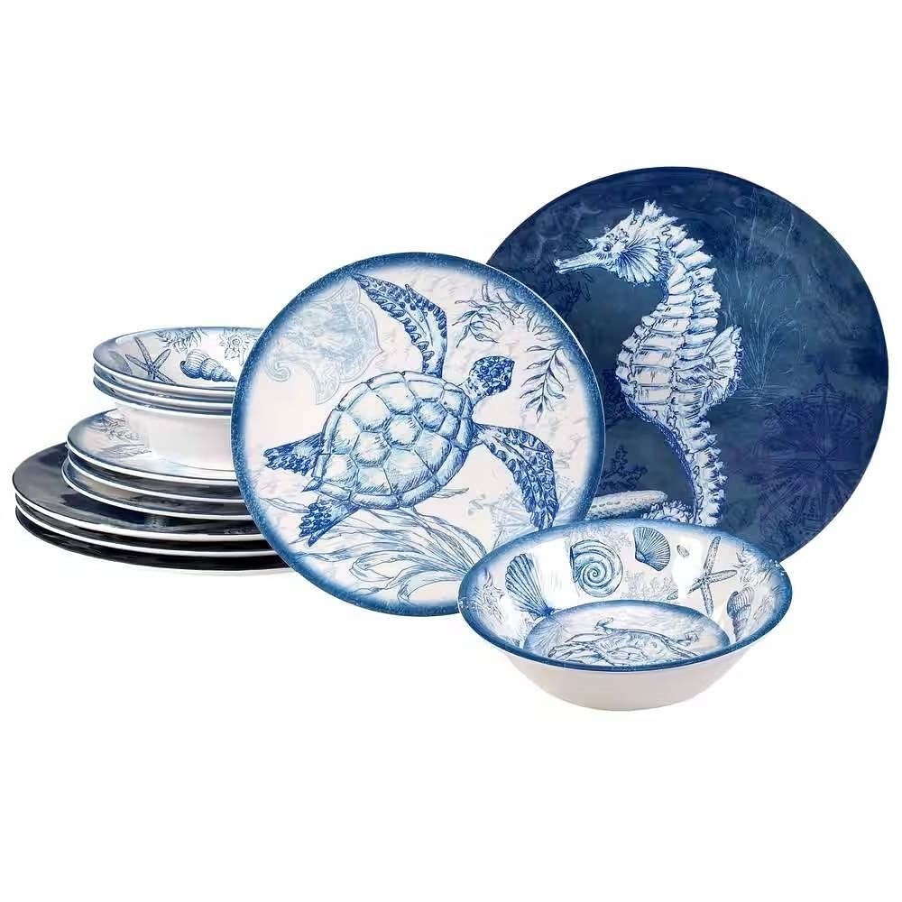 12-Piece Sea Shells Ocean Theme Dinnerware Set in Blue and White - Service for 4 - Free Shipping