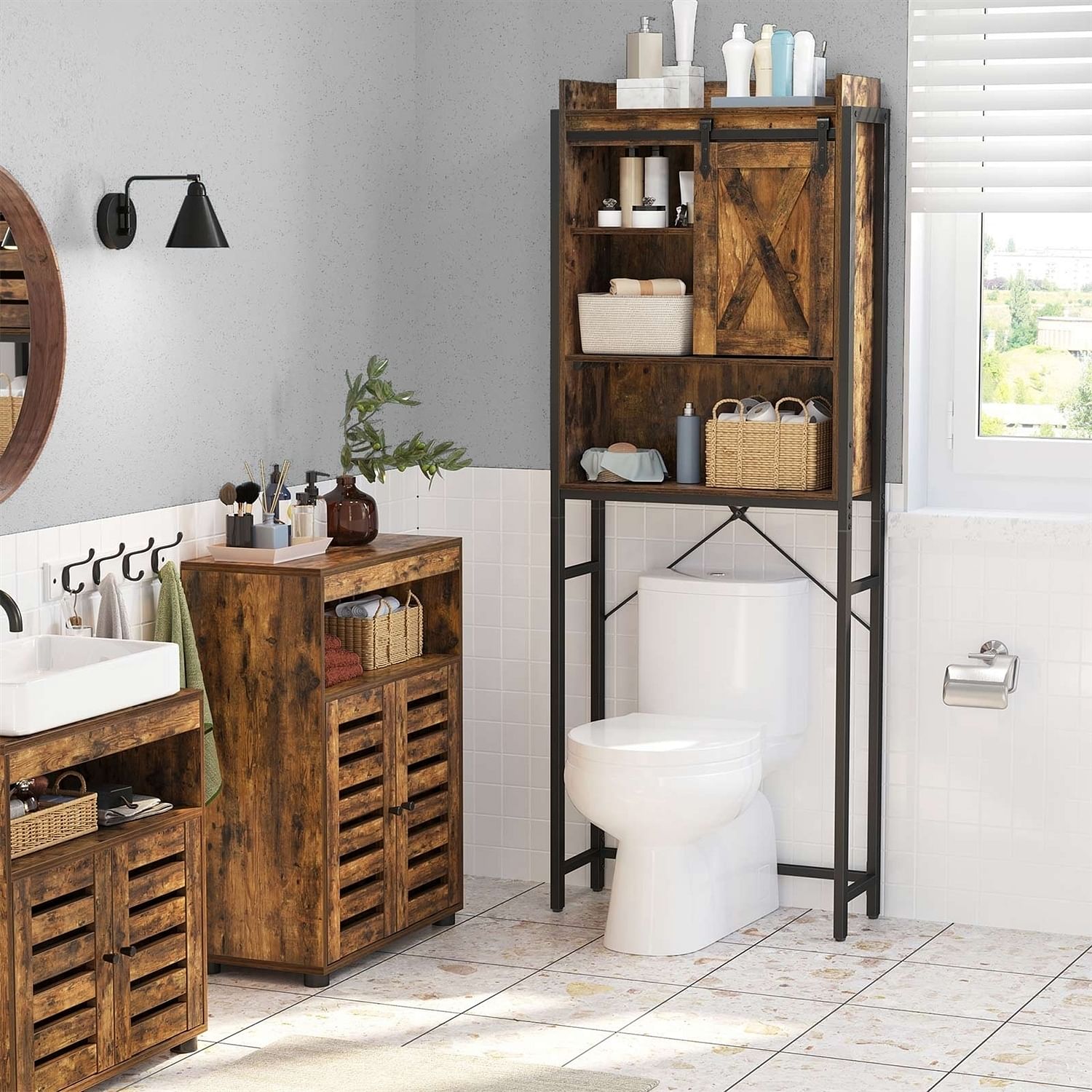 FarmHouse Over The Toilet Sliding Barn Door Storage Cabinet Cupboard - Free Shipping