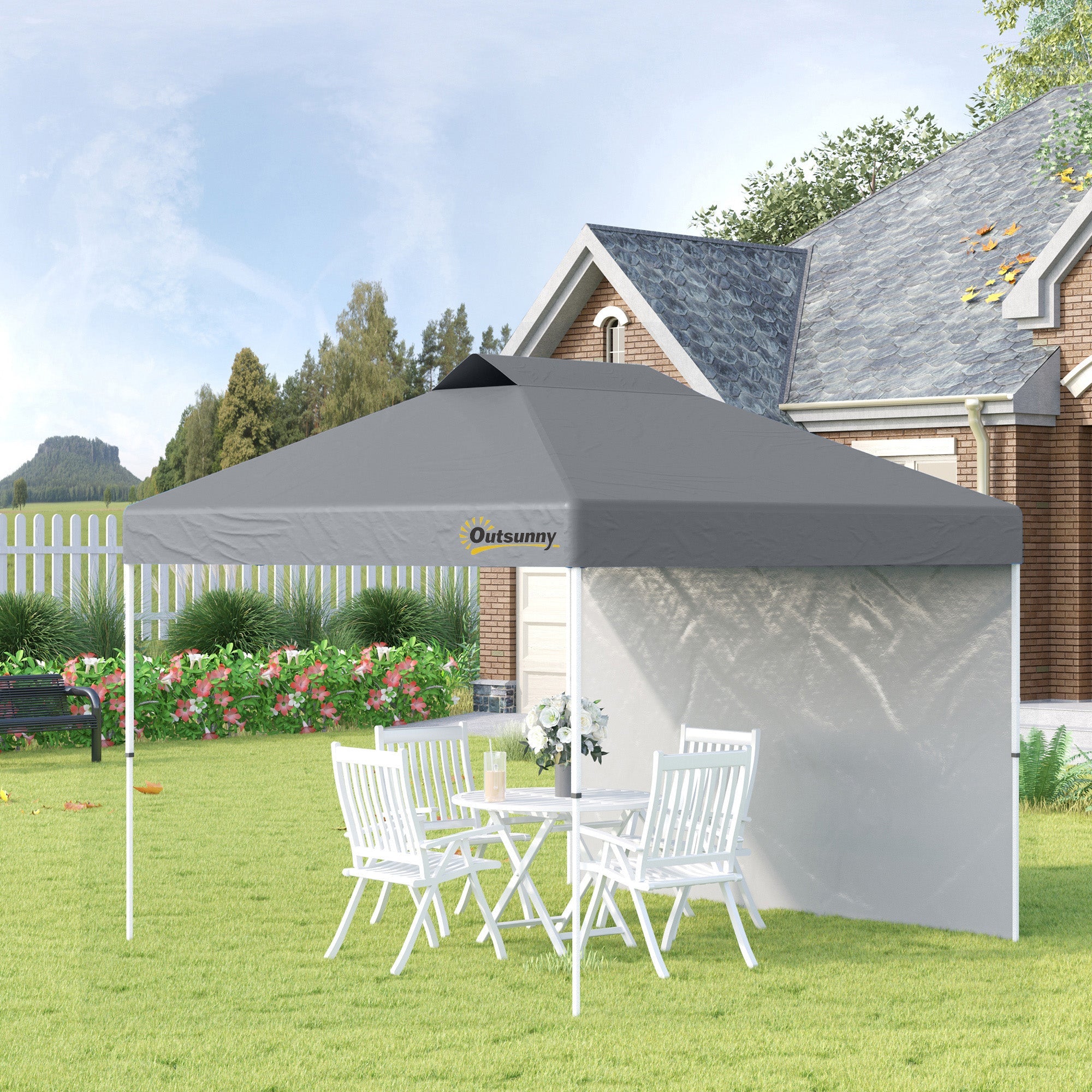 Outsunny 10' x 10' Pop Up Canopy Tent with Adjustable Height, 1 Sidewall, and Wheeled Carry Bag for Outdoor, Garden, Patio, Grey 