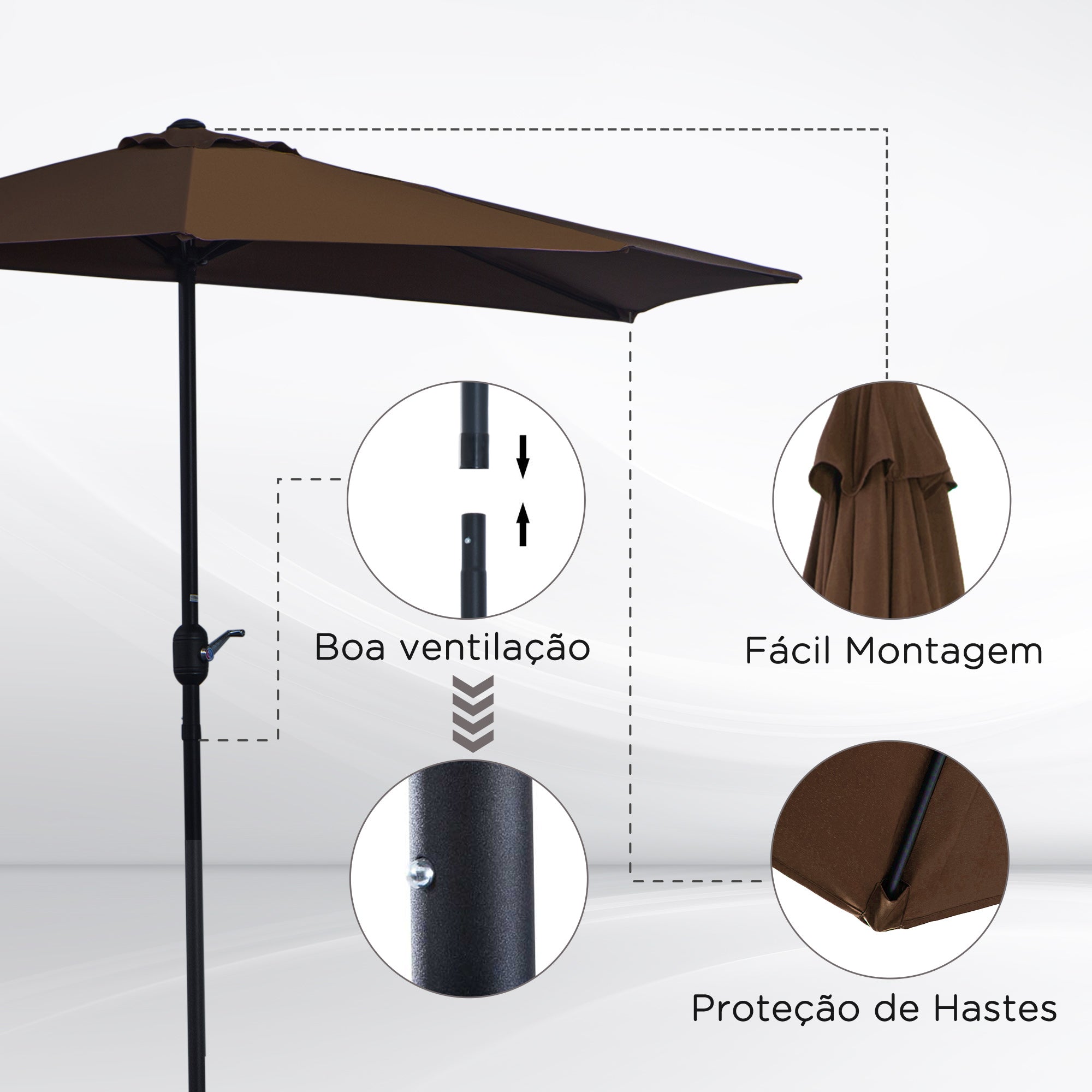 Outsunny 9ft Half Round Umbrella Outdoor Patio Garden Balcony Parasol Window Sun Shade w/ 5 Ribs Coffee 