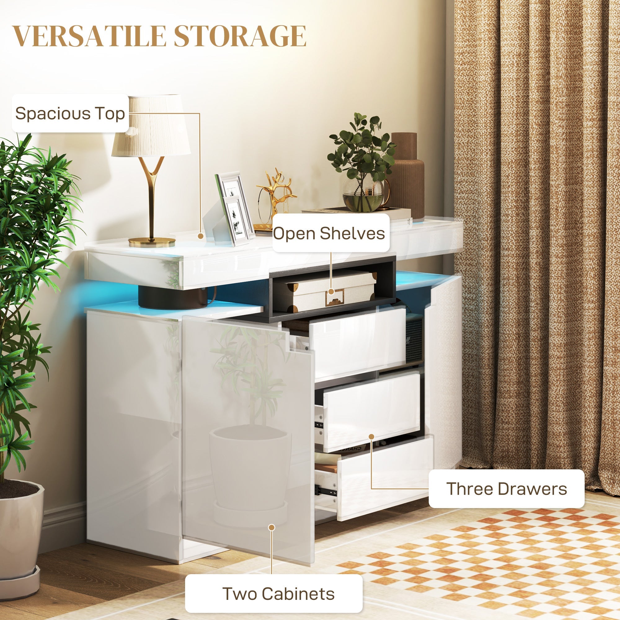 HOMCOM Sideboard Storage Cabinet with LED Lights, White 