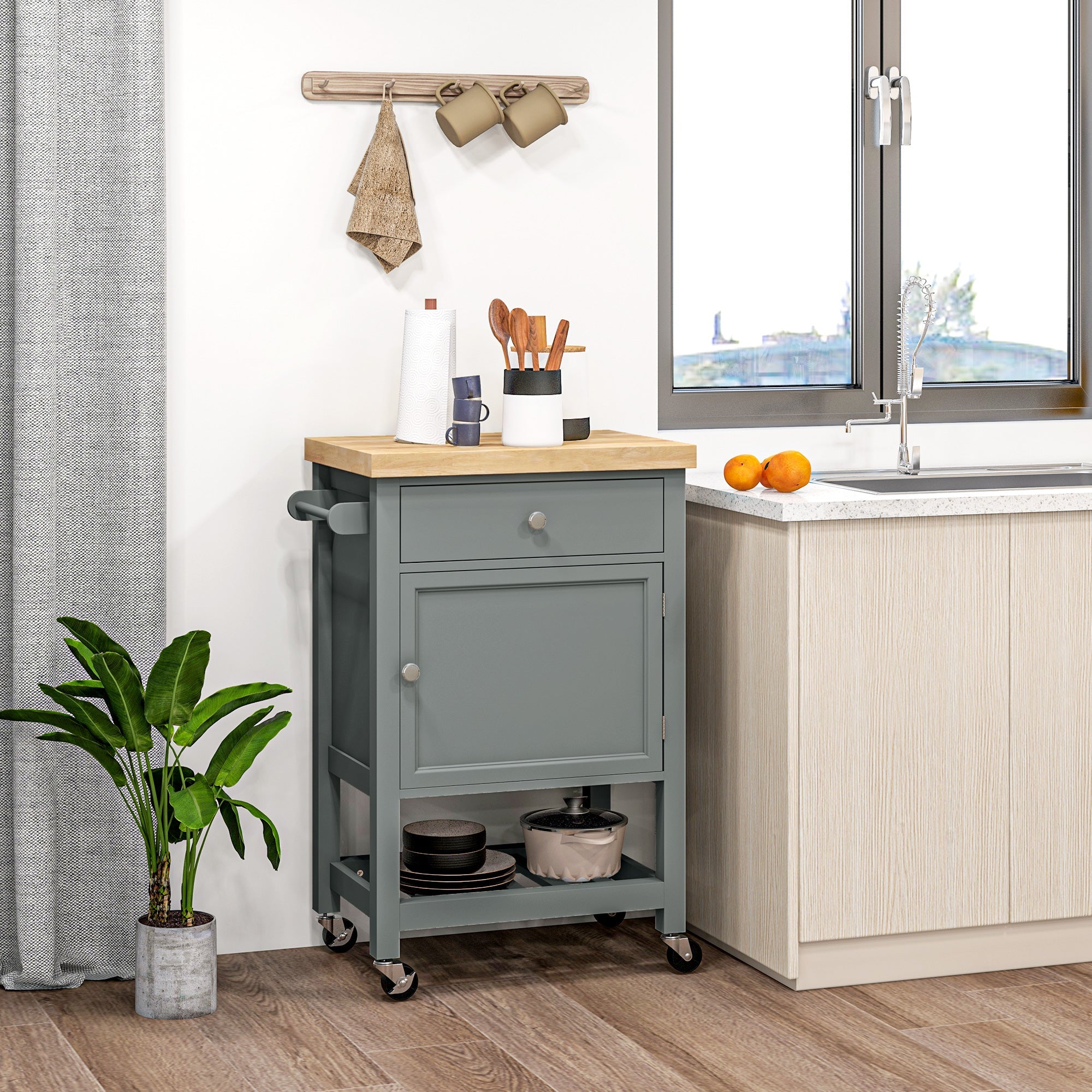 HOMCOM Kitchen Cart on Wheels, Rolling Kitchen Island Cart with Wood Top, Towel Rack, Drawer and Shelf for Dining Area, Grey 
