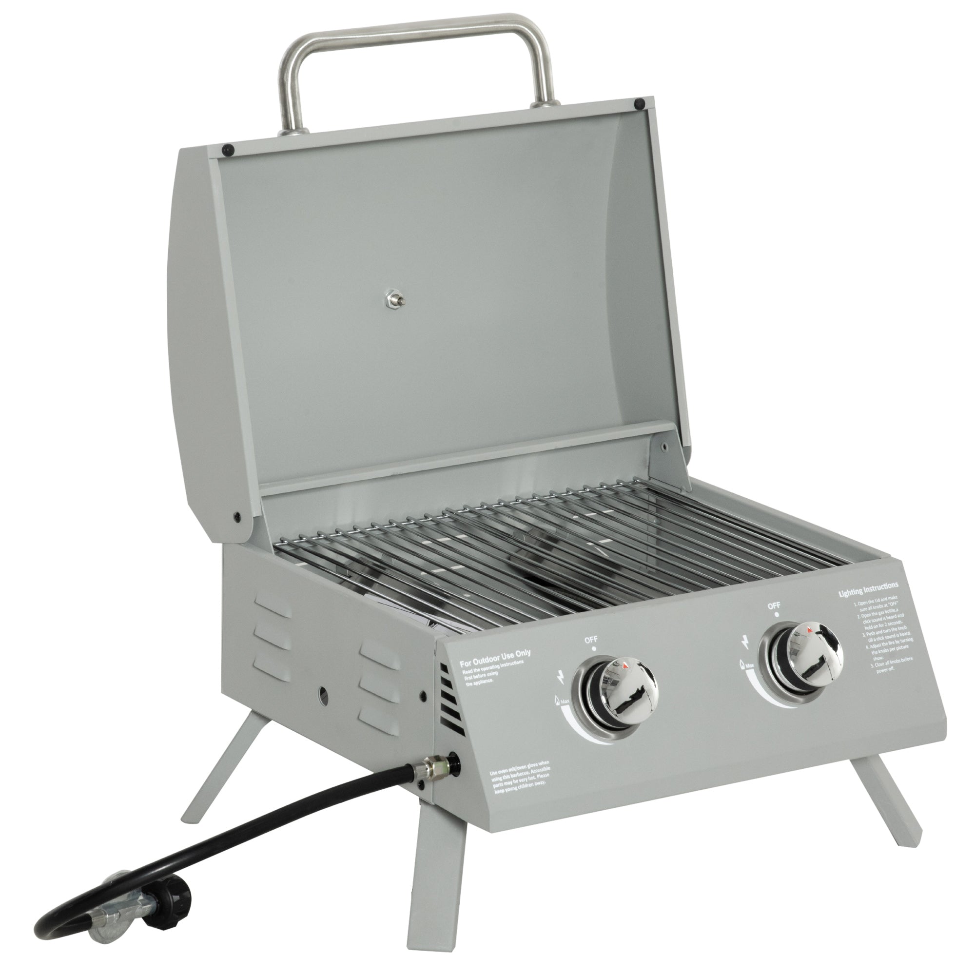 Outsunny 2 Burner Propane Gas Grill, Portable Tabletop BBQ with Foldable Legs, Lid, for Camping, Picnic, Silver 
