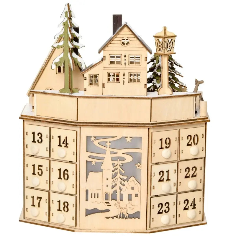 HOMCOM Christmas Advent Calendar, Light Up Table Xmas Wooden Holiday Decoration with Countdown Drawers and Village, for Kids and Adults, Natural