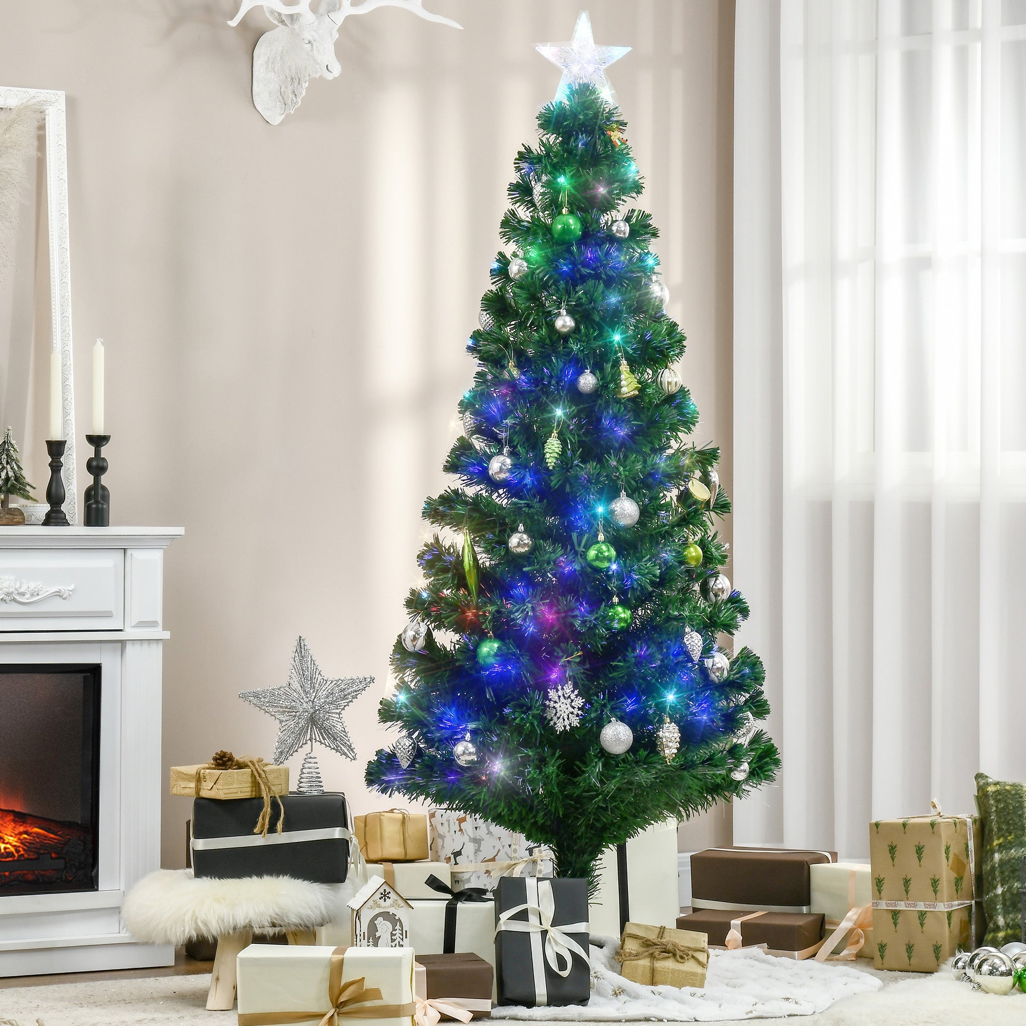 HOMCOM 6FT Prelit Artificial Christmas Tree,  Fiber Optic Tree Xmas Decoration with Multi-colored Light, 230 Tips 