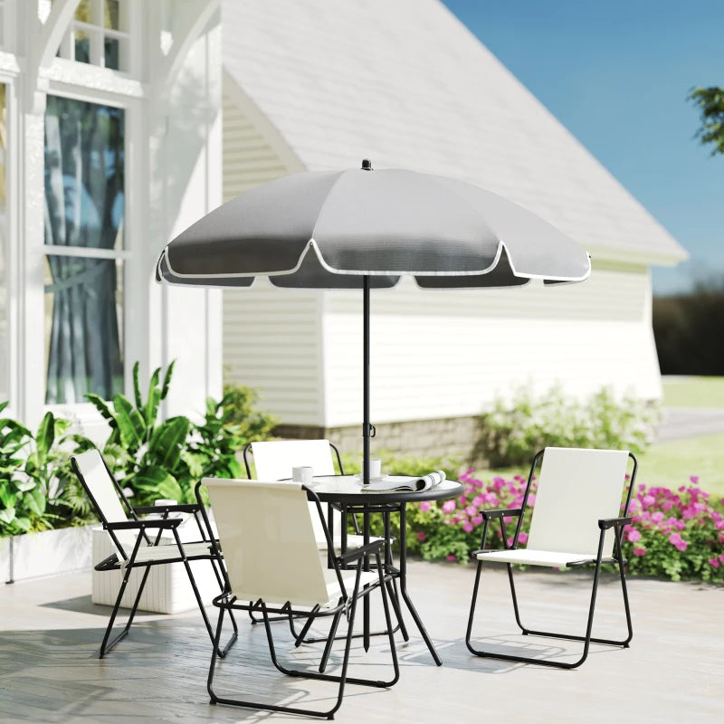 6 Pieces Patio Dining Set with Umbrella, Patio Furniture Set with Folding Chairs, Glass Table for Garden Backyard, Cream White