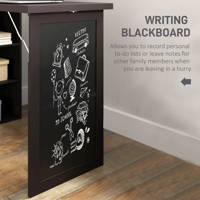 Fold-out Convertible Office Desk, Wall Mount Computer Desk with Blackboard and Side Shelf, Brown