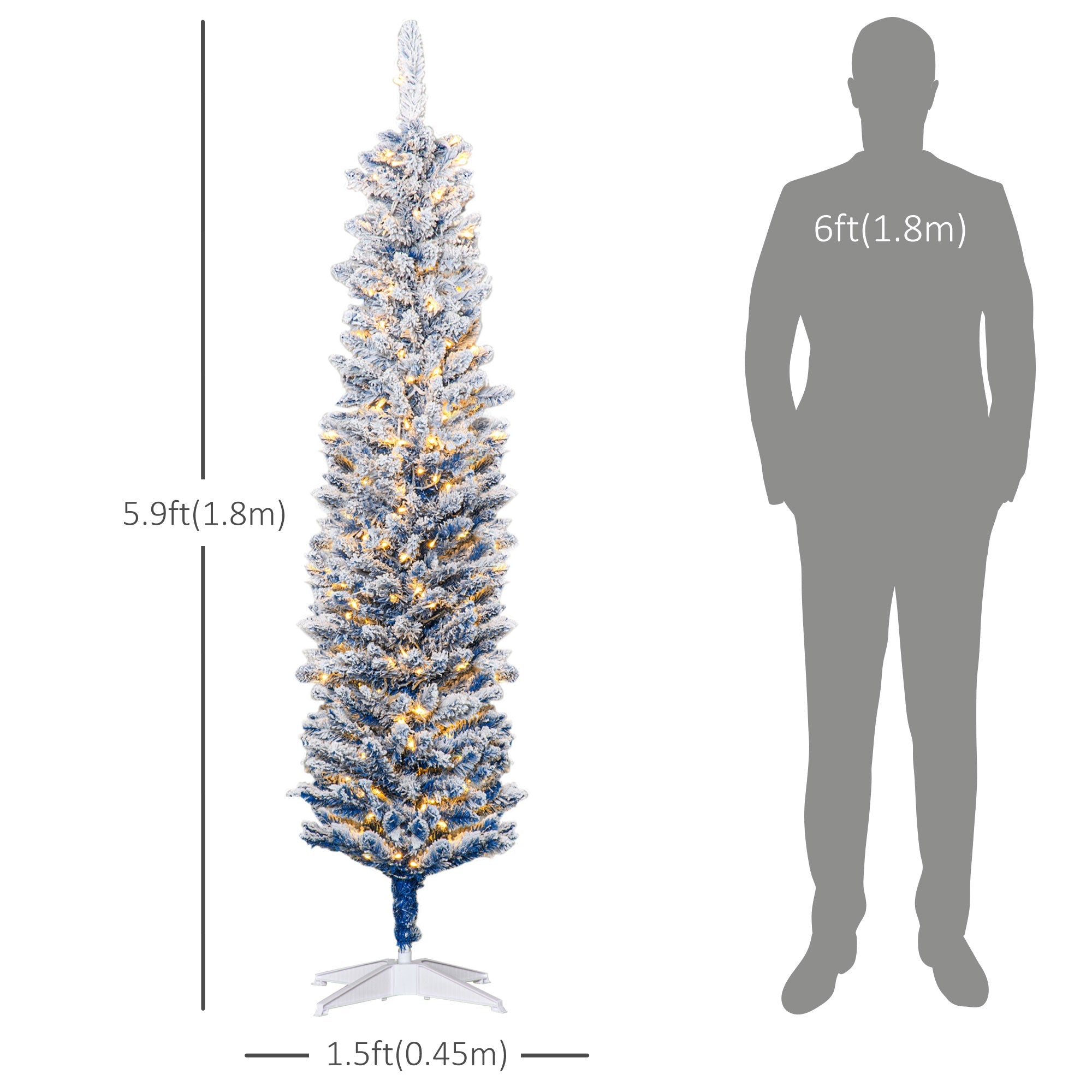 HOMCOM 6ft Blue Snow Flocked Pencil Christmas Tree, Pre-Lit Artificial Tree with Snowy Branches 
