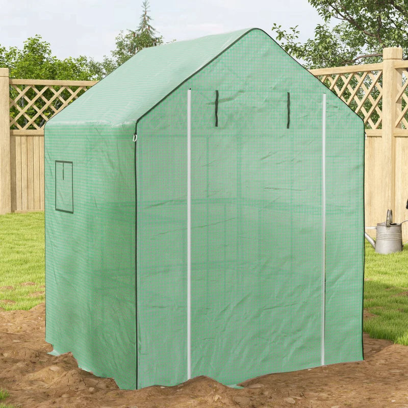 Portable Greenhouse, Walk-In Small Outdoor Green House with 2 Tier U-Shaped Flower Rack Shelves, 4.6' x 4.7', Green