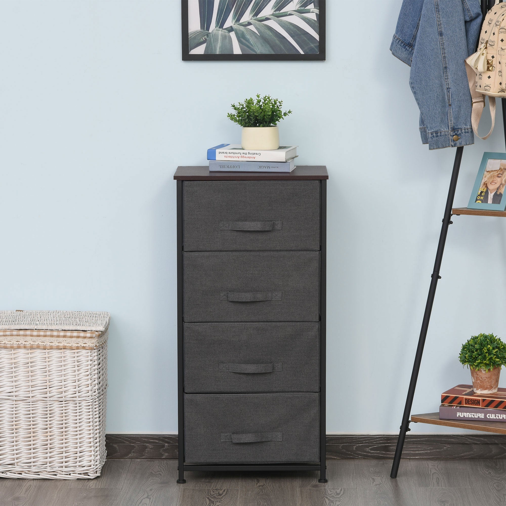 HOMCOM 4-Drawer Linen Storage Tower: Removable Fabric Drawers, Metal Frame, Adjustable Feet, Black 