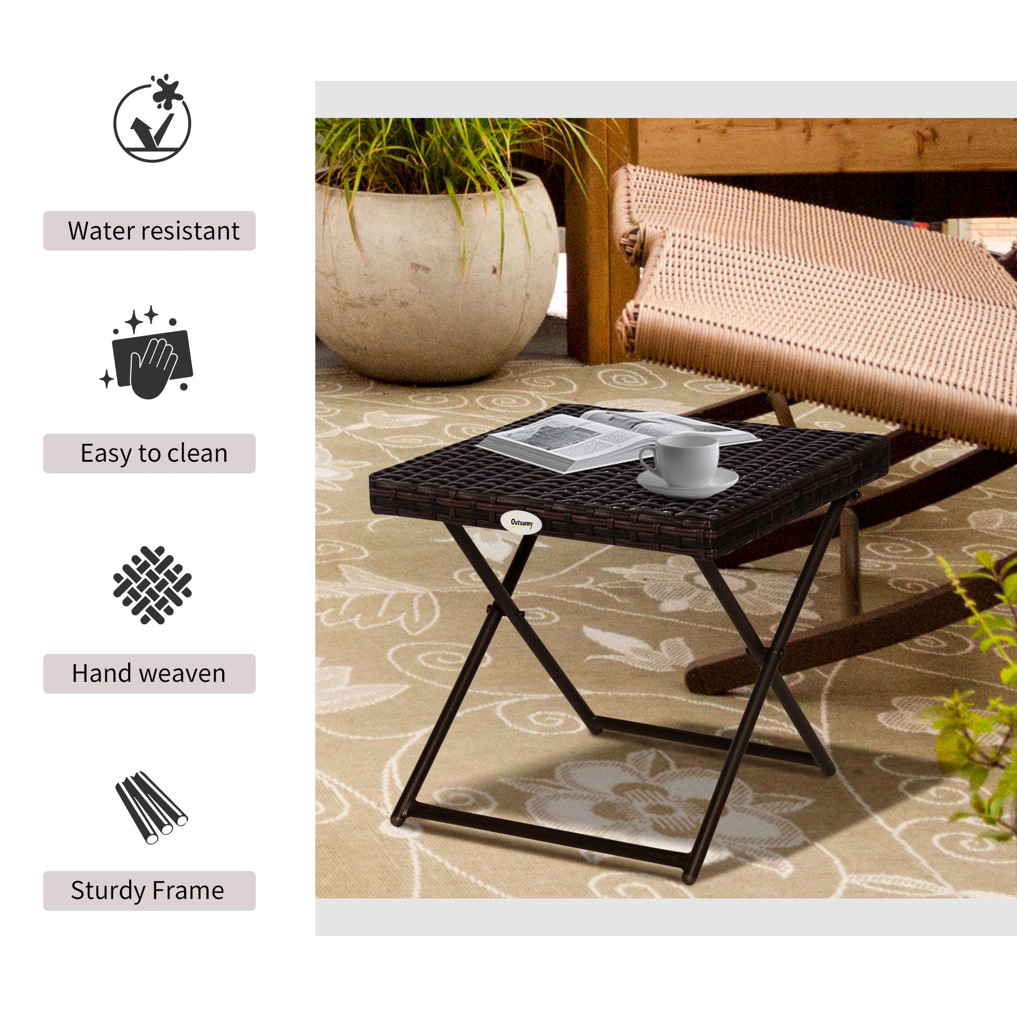 Outsunny Wicker Coffee Table Outdoor PE Rattan Patio Folding Side Table Garden 15.75"x15.75"x15.75" Brown 