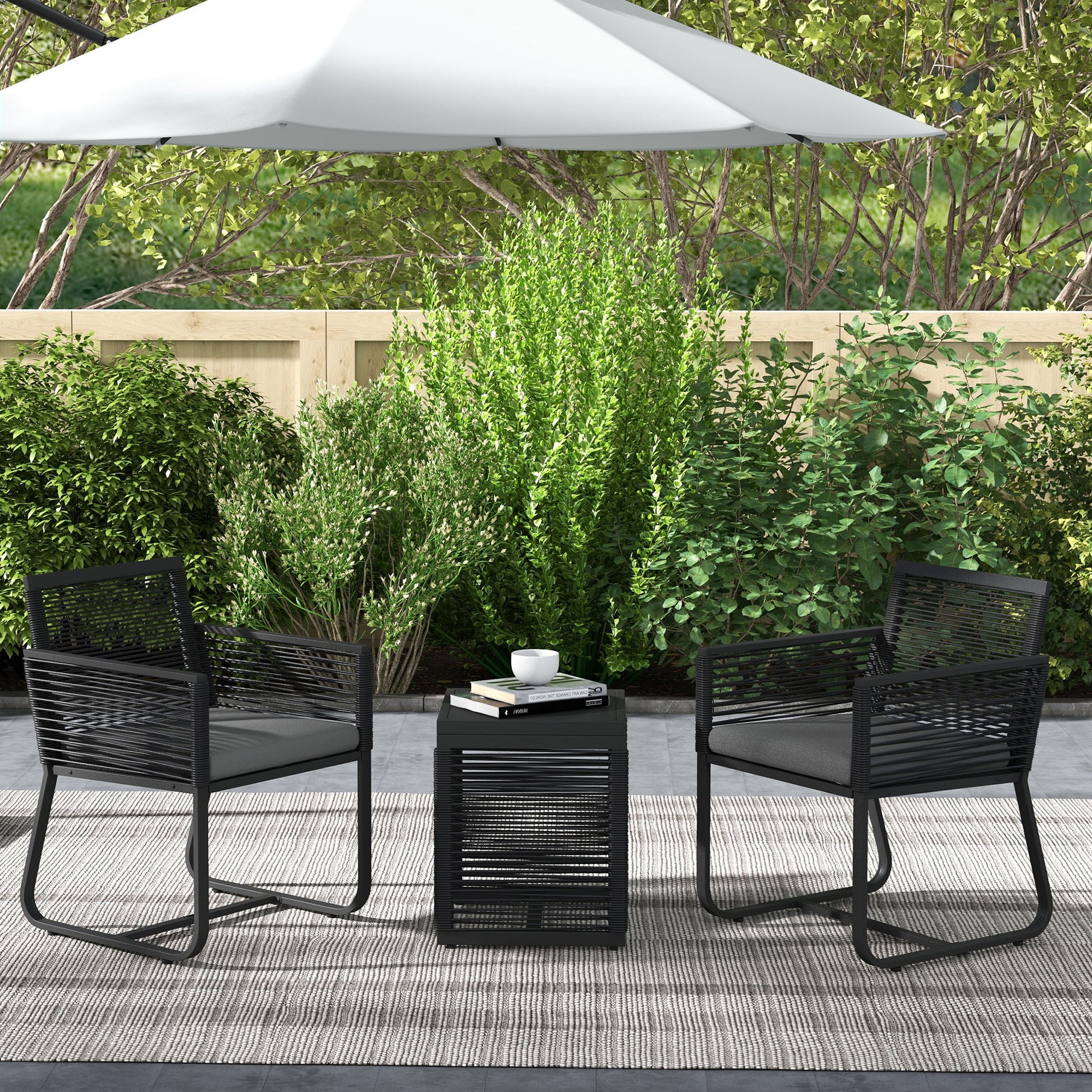 Outsunny 3-Piece PE Rattan Patio Bistro Set with Cushions & Tempered Glass Table, Outdoor Furniture for Garden, Black 