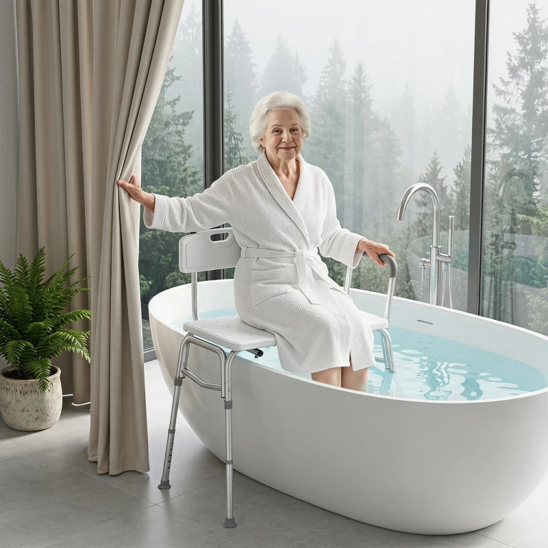 Tub Transfer Bench & Shower Chair with Adjustable Height, Armrest & Backrest – White