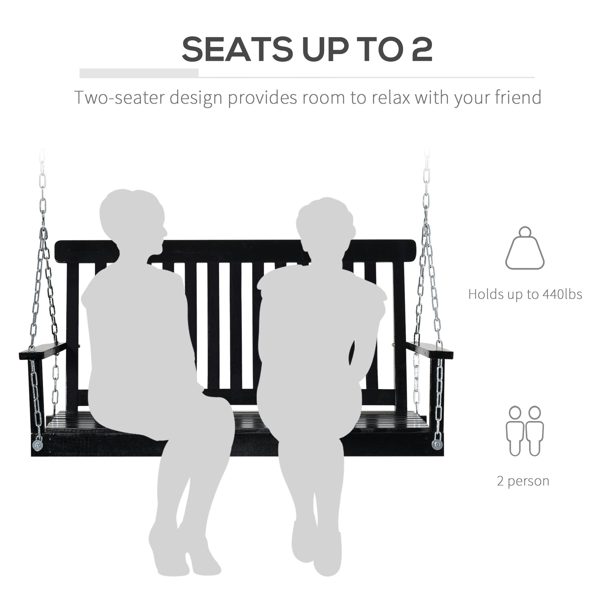 Outsunny 2-Seater Patio Swing Chair, Fir Wooden Porch Swing with Slatted Design, Hanging Chains for Outdoor, Garden, Black 