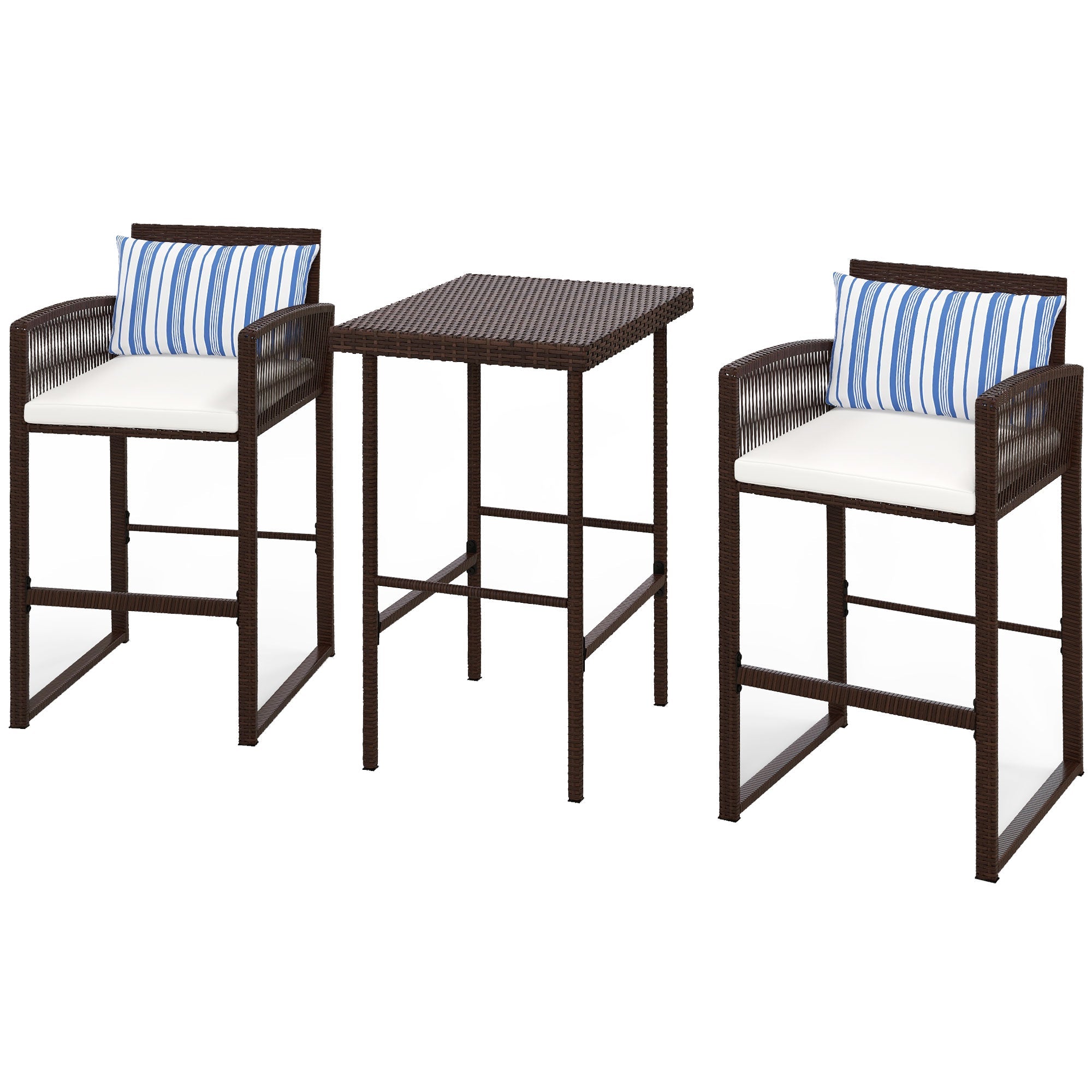 Outsunny 3-Piece Wicker Bar Set Patio Bar Table Chair with Cushions Poolside 25.2" x 19.3" x 37" White 