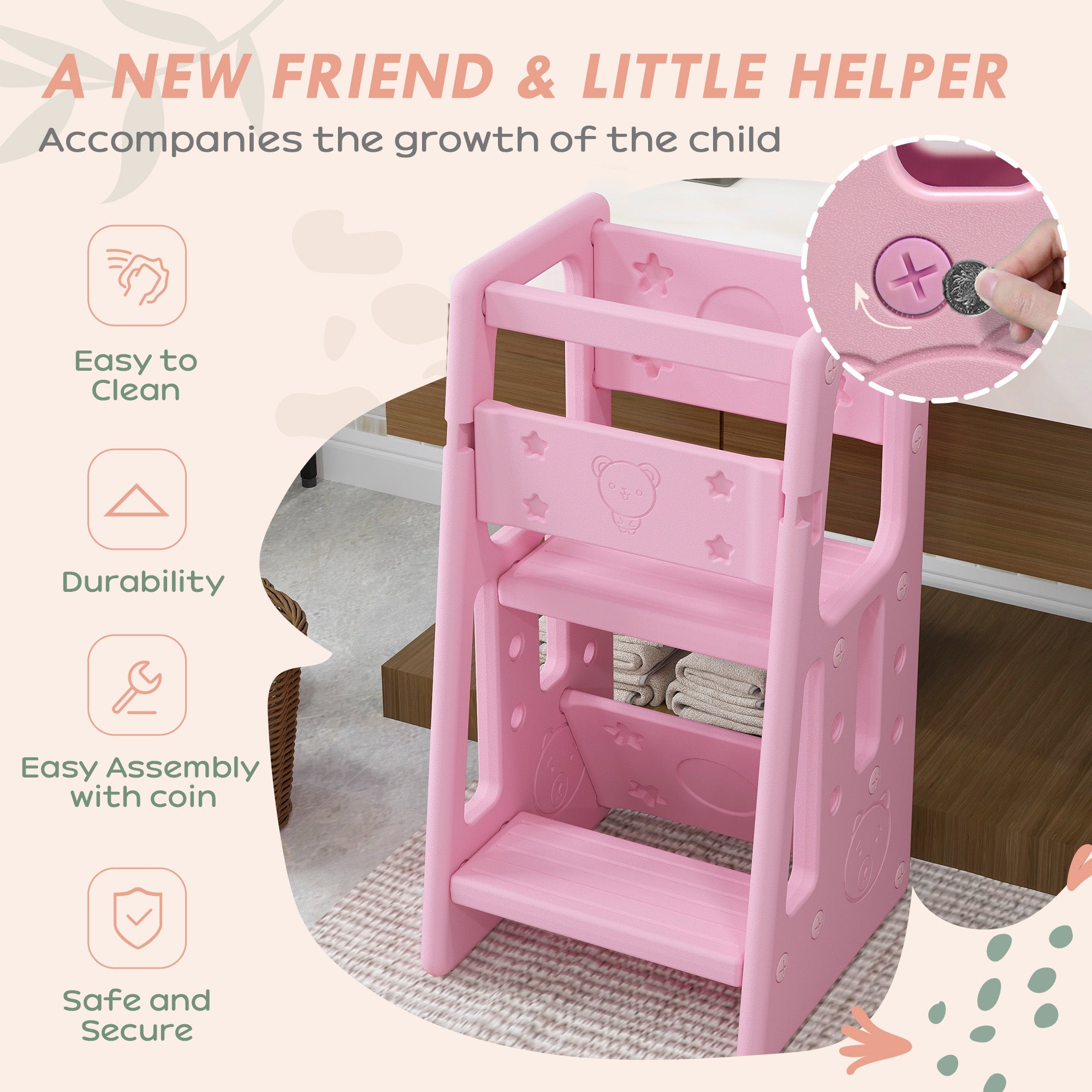 Qaba Toddler Kitchen Helper 2 Step Stool with Adjustable Height Platform and Safety Rail, Pink 