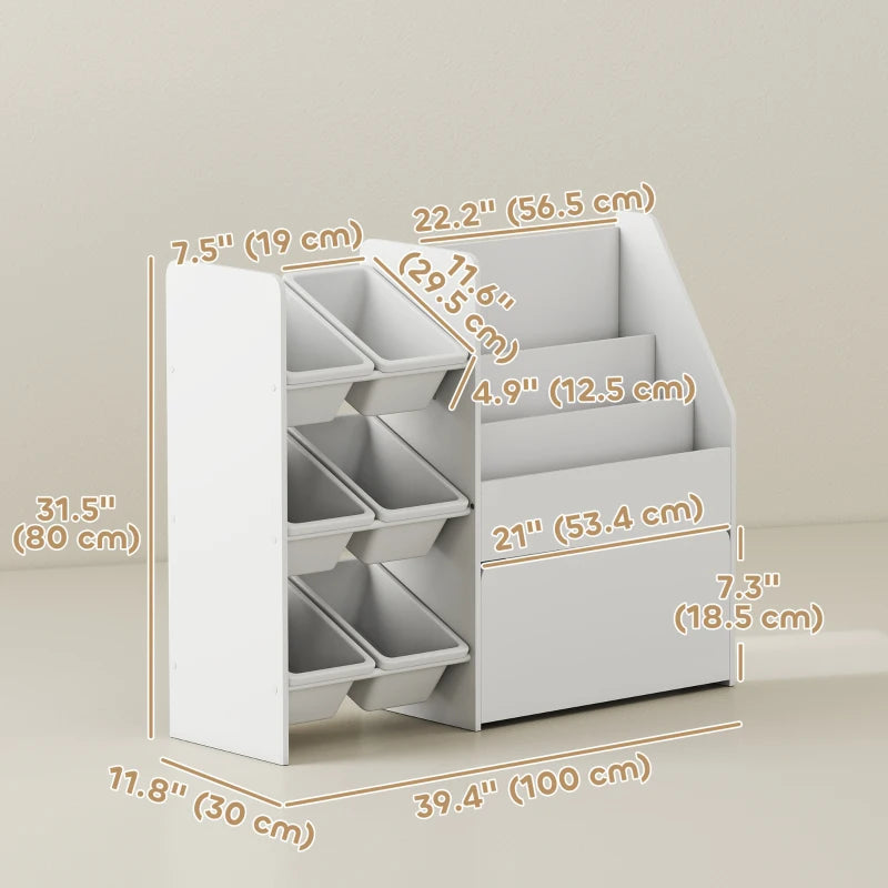 Qaba Kids Bookshelf and Toy Storage, 3-Tier Bookcase with 6 Removable Bins and Box for Toddler Nursery Playroom, White