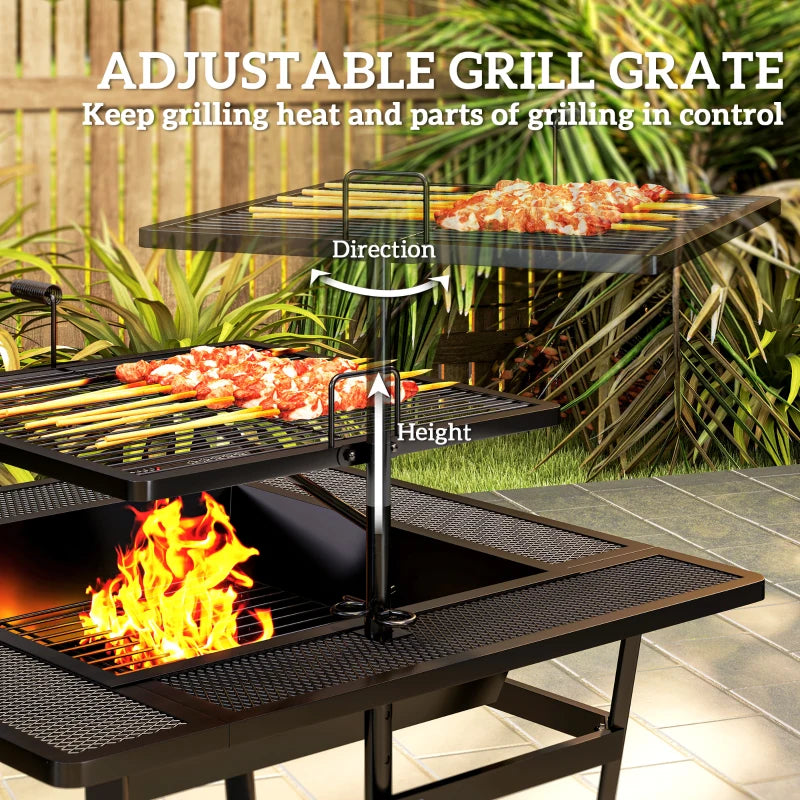 Square Outdoor Fire Pit Firepit with Adjustable Grill Grate, Wood Fire Pit with Adjustable Foot Pads, Outer Ledge, Poker for Backyard Bonfire Picnic, Black