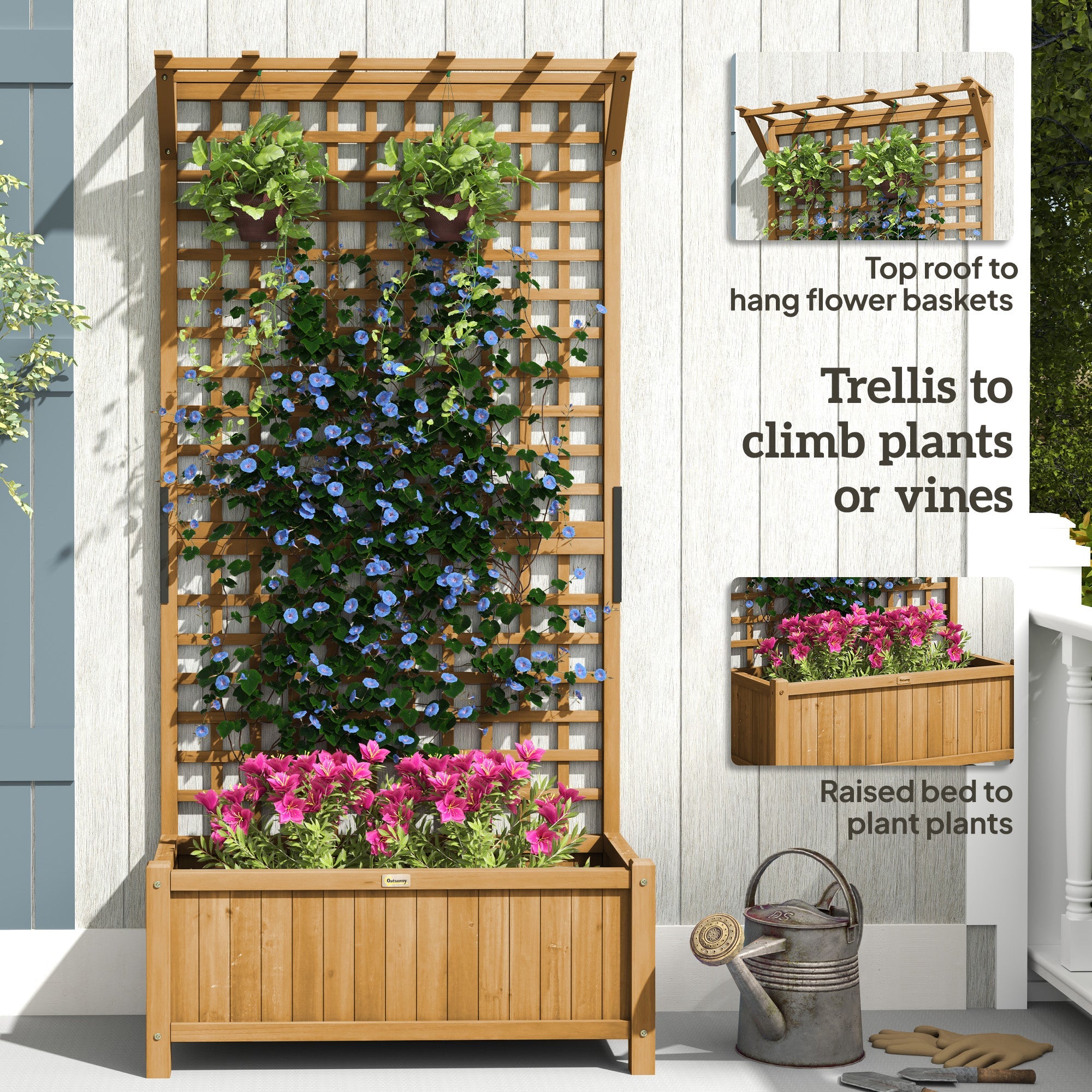 Outsunny Wood Planter with Trellis for Vine Climbing, Raised Garden Bed, Privacy Screen for Backyard, Patio, Deck, Yellow 