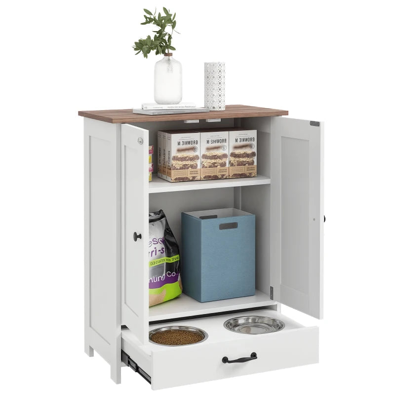 Pet Food Storage Container Dog Feeding Station w/ Adjustable Panel, Hooks, for Medium Sized Dogs, White
