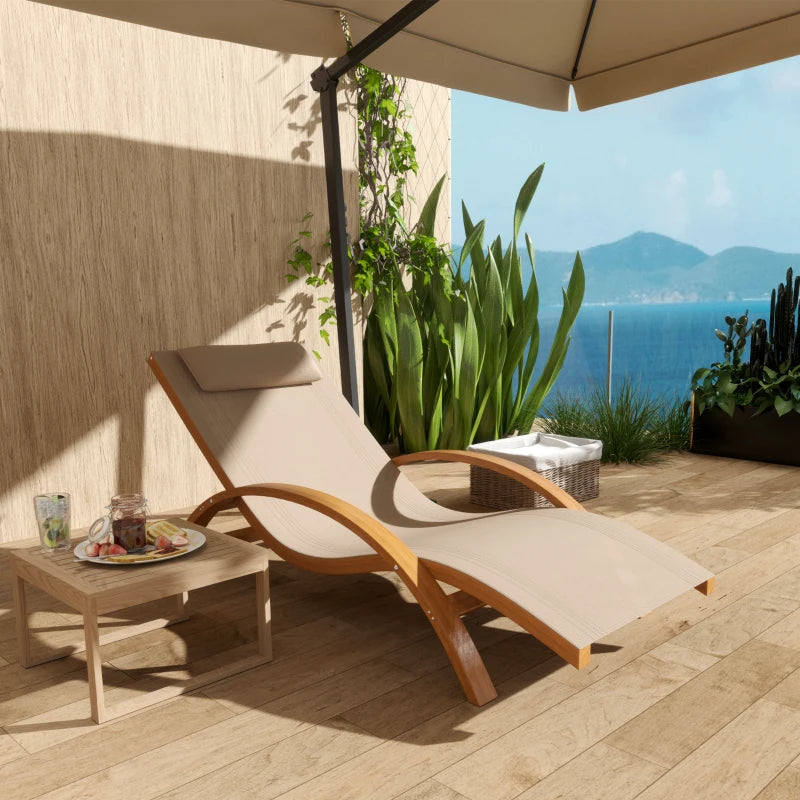 Outdoor Wood Chaise Lounge Chair Recliner Patio Camping with Headrest, Teak & Light Khaki